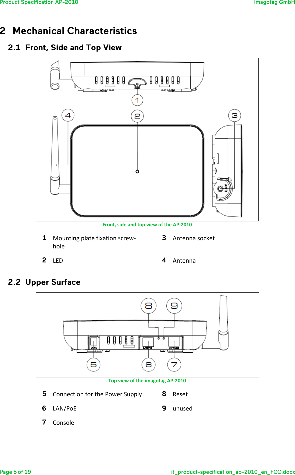    Front, side and top view of the AP-2010 Mounting plate fixation screw-hole Antenna socket LED Antenna   Top view of the imagotag AP-2010 Connection for the Power Supply Reset LAN/PoE unused Console    