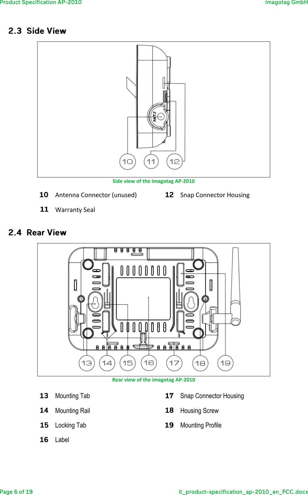   Side view of the imagotag AP-2010 Antenna Connector (unused) Snap Connector Housing Warranty Seal     Rear view of the imagotag AP-2010 Mounting Tab Snap Connector Housing Mounting Rail Housing Screw Locking Tab Mounting Profile Label    