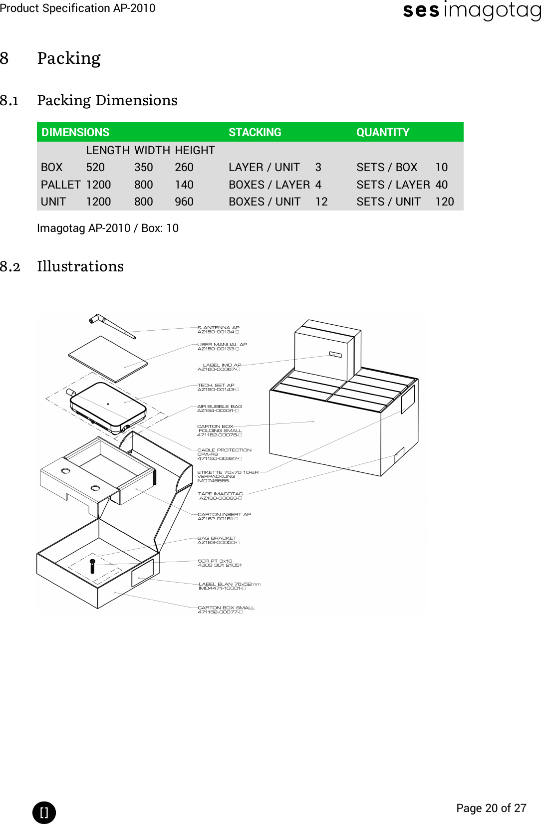 Product Specification AP-2010Page 20 of 278 Packing8.1 Packing DimensionsDIMENSIONS STACKING QUANTITYLENGTH WIDTH HEIGHTBOX 520 350 260 LAYER / UNIT 3 SETS / BOX 10PALLET 1200 800 140 BOXES / LAYER 4 SETS / LAYER 40UNIT 1200 800 960 BOXES / UNIT 12 SETS / UNIT 120Imagotag AP-2010 / Box: 108.2 Illustrations