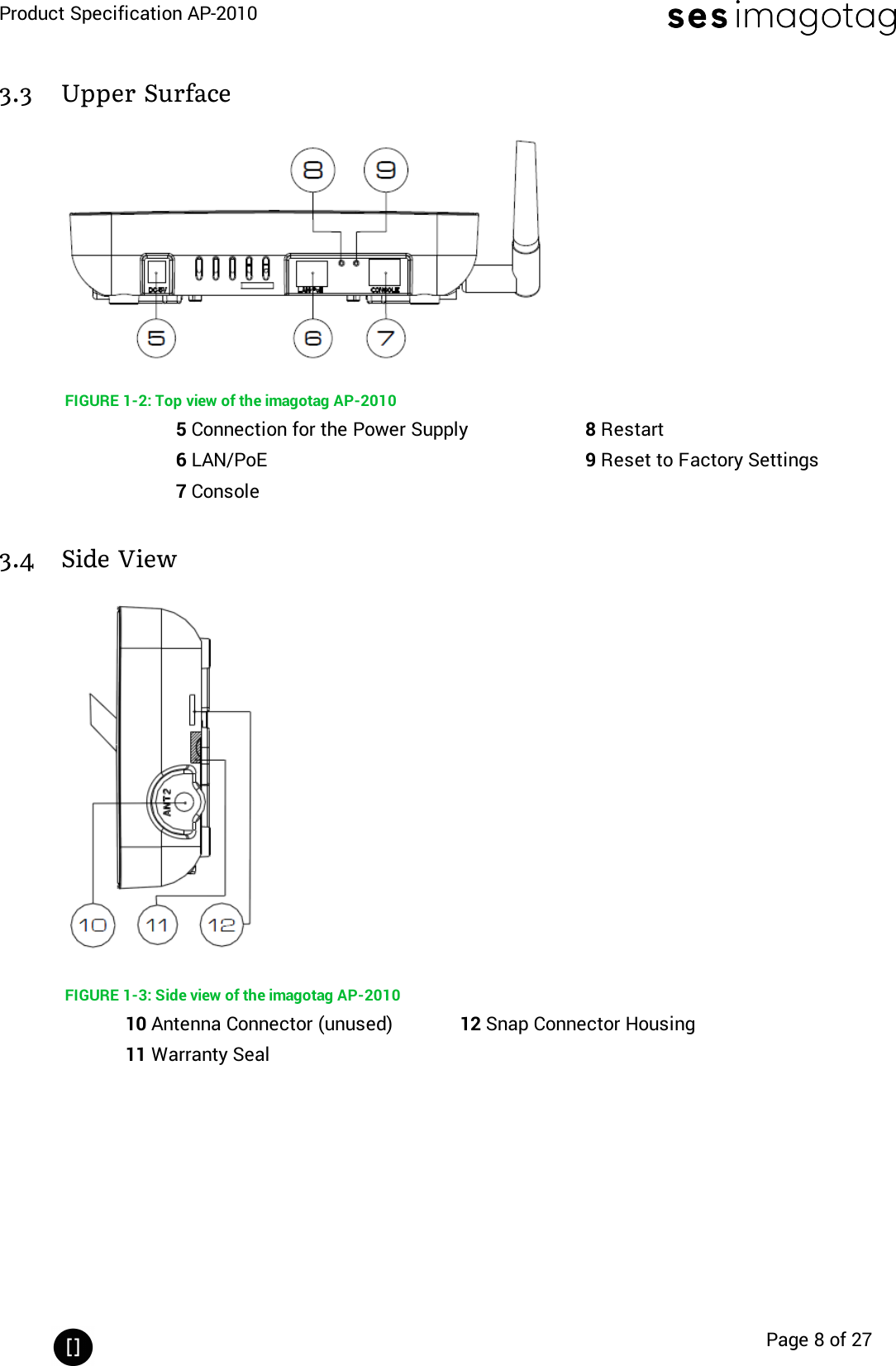 Product Specification AP-2010Page 8 of 273.3 Upper SurfaceFIGURE 1-2: Top view of the imagotag AP-20105Connection for the Power Supply 8Restart6LAN/PoE 9Reset to Factory Settings7Console3.4 Side ViewFIGURE 1-3: Side view of the imagotag AP-201010 Antenna Connector (unused) 12 Snap Connector Housing11 Warranty Seal