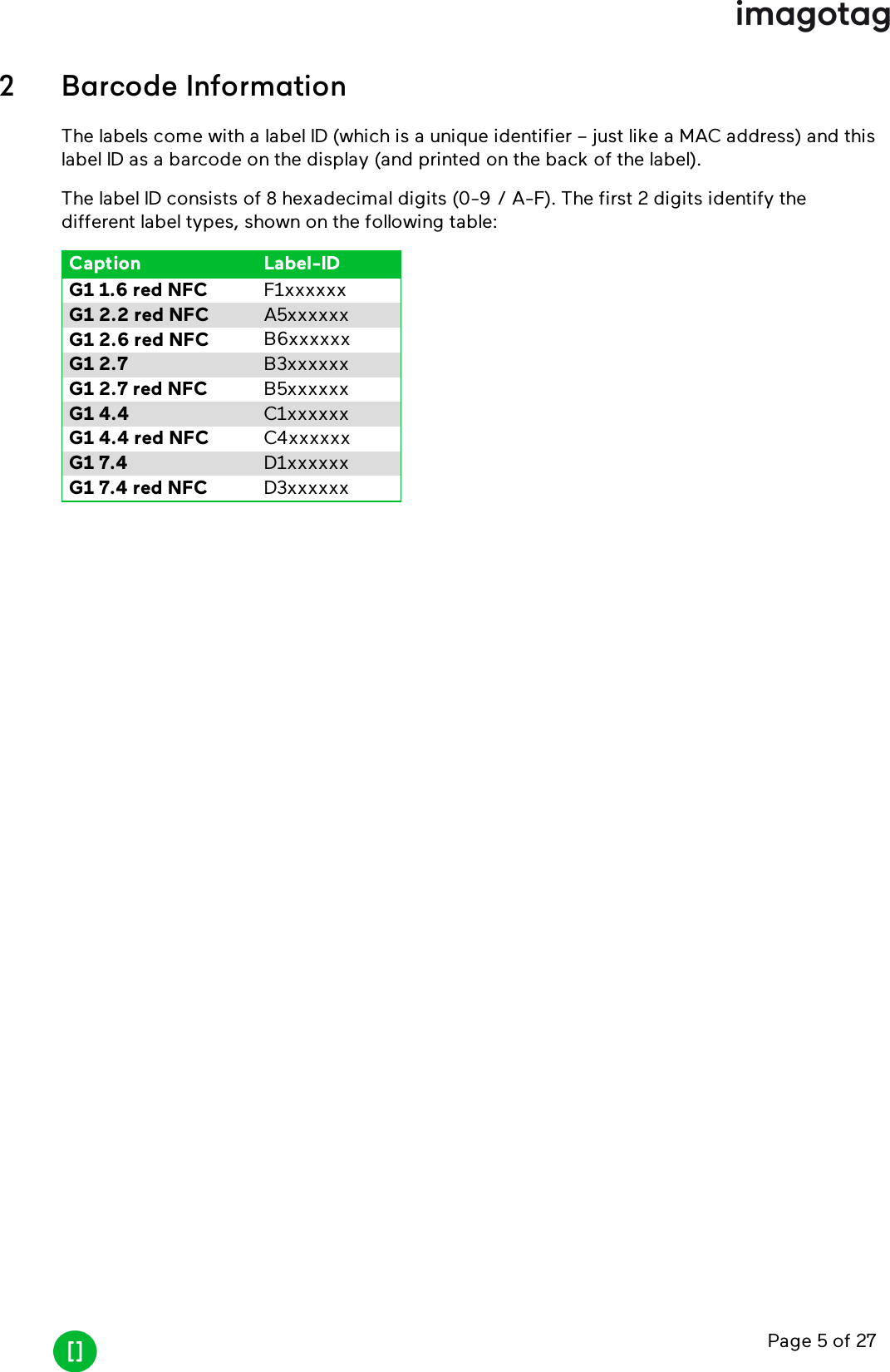 Page 5 of 272 Barcode InformationThe labels come with a label ID (which is a unique identifier – just like a MAC address) and thislabel ID as a barcode on the display (and printed on the back of the label).The label ID consists of 8 hexadecimal digits (0-9 / A-F). The first 2 digits identify thedifferent label types, shown on the following table:Caption Label-IDG1 1.6 red NFC F1xxxxxxG1 2.2 red NFC A5xxxxxxG1 2.6 red NFC B6xxxxxxG1 2.7 B3xxxxxxG1 2.7 red NFC B5xxxxxxG1 4.4 C1xxxxxxG1 4.4 red NFC C4xxxxxxG1 7.4 D1xxxxxxG1 7.4 red NFC D3xxxxxx