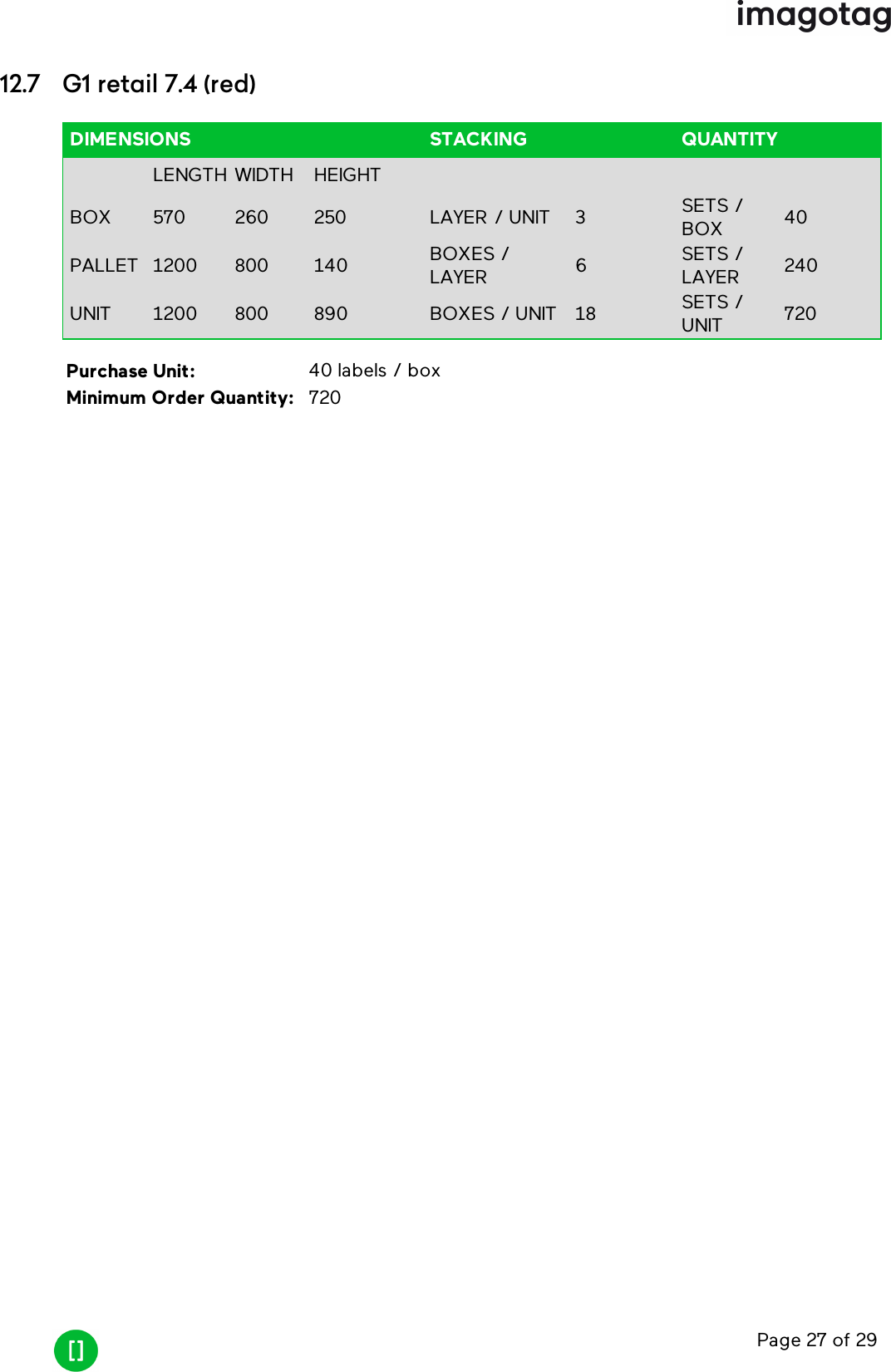 Page 27 of 2912.7 G1 retail 7.4 (red)DIMENSIONS STACKING QUANTITYLENGTH WIDTH HEIGHTBOX 570 260 250 LAYER / UNIT 3 SETS /BOX 40PALLET 1200 800 140 BOXES /LAYER 6SETS /LAYER 240UNIT 1200 800 890 BOXES / UNIT 18 SETS /UNIT 720Purchase Unit: 40 labels / boxMinimum Order Quantity: 720