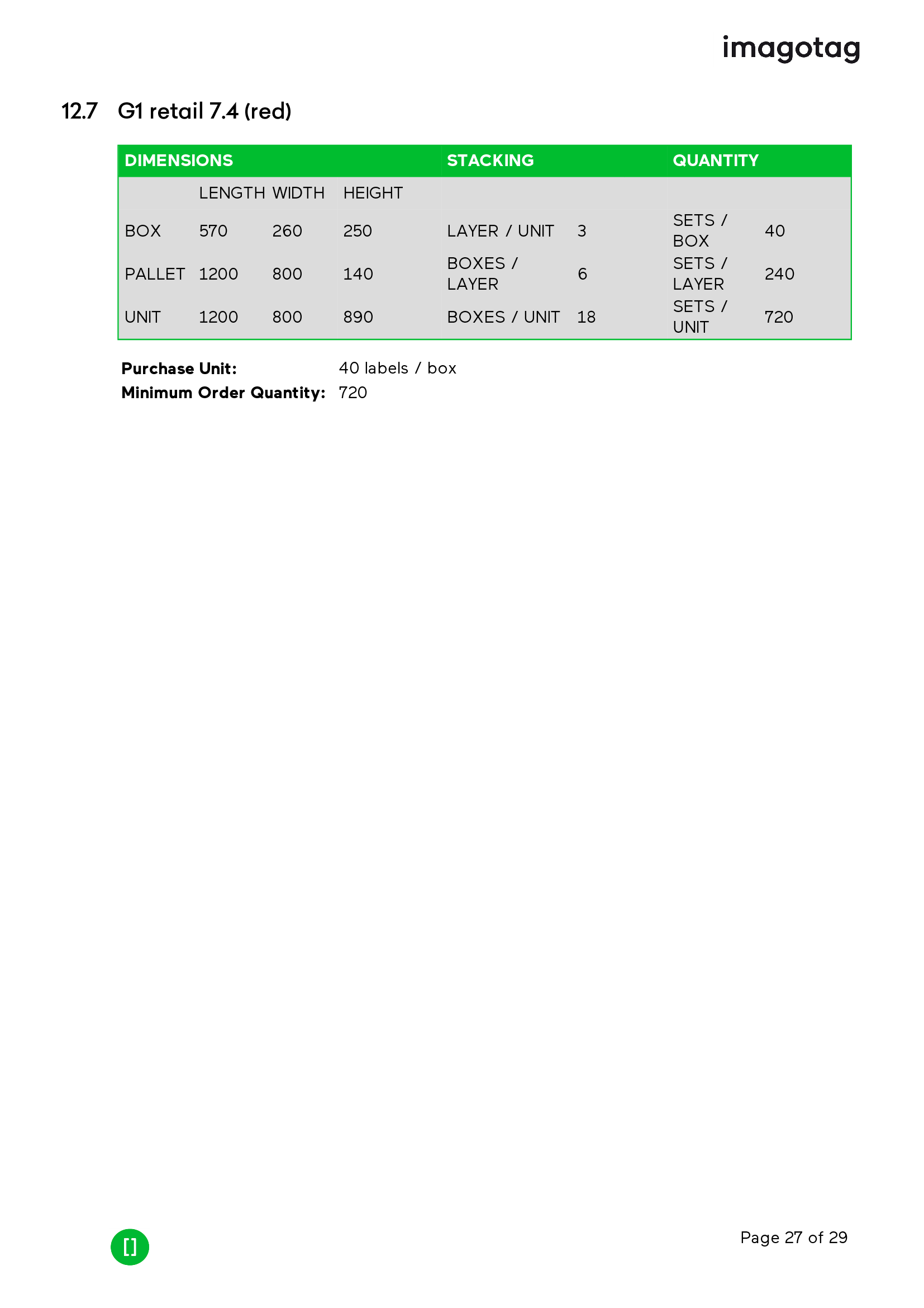 Page 27 of 2912.7 G1 retail 7.4 (red)DIMENSIONS STACKING QUANTITYLENGTH WIDTH HEIGHTBOX 570 260 250 LAYER / UNIT 3 SETS /BOX 40PALLET 1200 800 140 BOXES /LAYER 6SETS /LAYER 240UNIT 1200 800 890 BOXES / UNIT 18 SETS /UNIT 720Purchase Unit: 40 labels / boxMinimum Order Quantity: 720