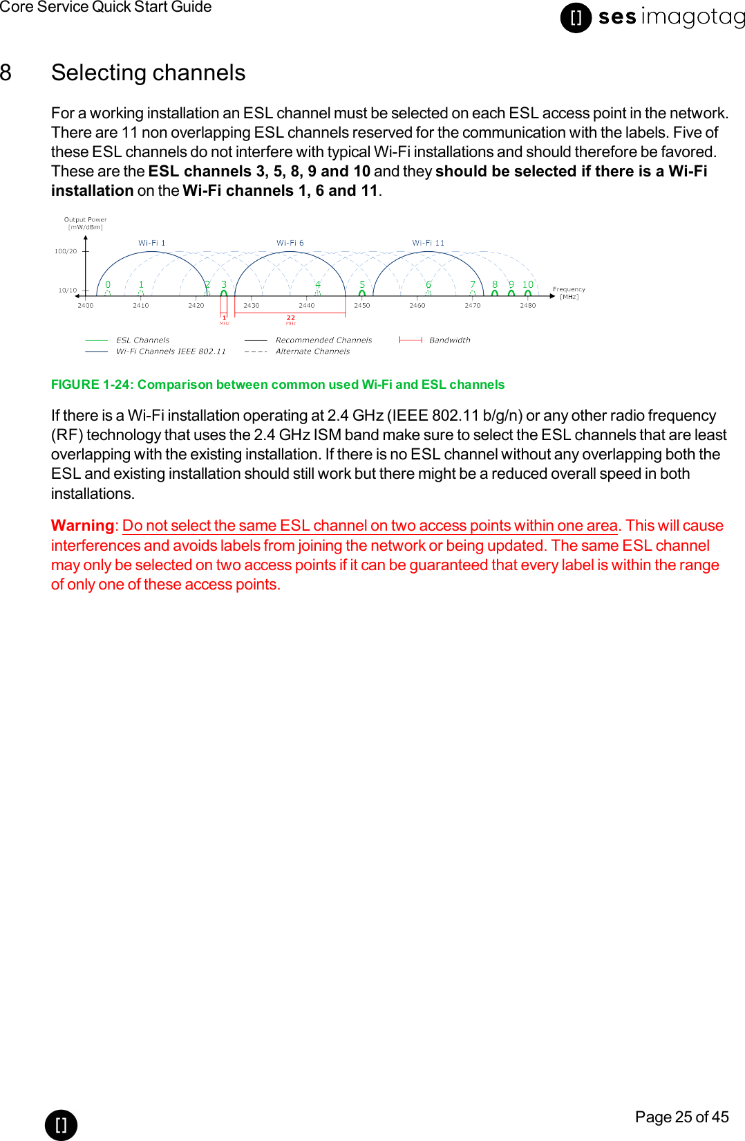 Core Service Quick Start GuidePage 25 of 458 Selecting channelsFor a working installation an ESL channel must be selected on each ESL access point in the network.There are 11 non overlapping ESL channels reserved for the communication with the labels. Five ofthese ESL channels do not interfere with typical Wi-Fi installations and should therefore be favored.These are the ESL channels 3, 5, 8, 9 and 10 and they should be selected if there is a Wi-Fiinstallation on the Wi-Fi channels 1, 6 and 11.FIGURE 1-24: Comparison between common used Wi-Fi and ESLchannelsIf there is a Wi-Fi installation operating at 2.4 GHz (IEEE 802.11 b/g/n) or any other radio frequency(RF) technology that uses the 2.4 GHz ISM band make sure to select the ESL channels that are leastoverlapping with the existing installation. If there is no ESL channel without any overlapping both theESL and existing installation should still work but there might be a reduced overall speed in bothinstallations.Warning: Do not select the same ESL channel on two access points within one area. This will causeinterferences and avoids labels from joining the network or being updated. The same ESL channelmay only be selected on two access points if it can be guaranteed that every label is within the rangeof only one of these access points.