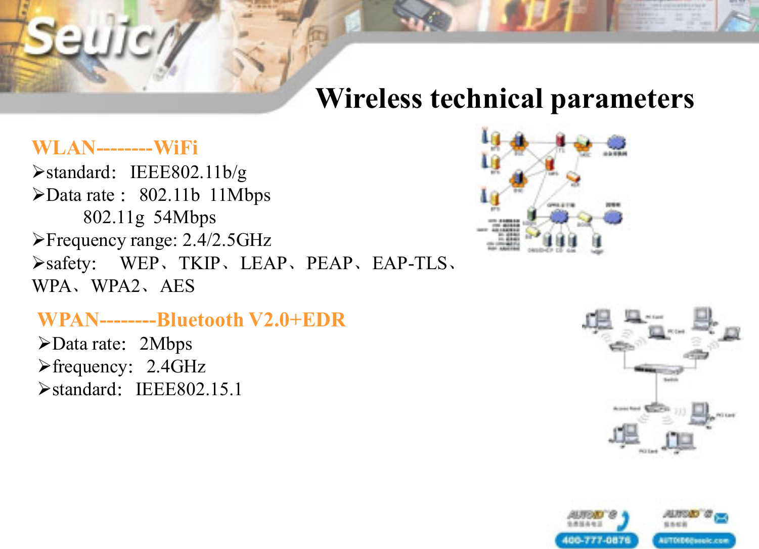 Wireless technical parametersWLAN--------WiFistandard：IEEE802.11b/gData rate ：802.11b  11Mbps802.11g  54MbpsFrequency range: 2.4/2.5GHzsafety：WEP、TKIP、LEAP、PEAP、EAP-TLS、WPA、WPA2、AESWPAN--------Bluetooth V2.0+EDRData rate：2Mbps frequency：2.4GHzstandard：IEEE802.15.1