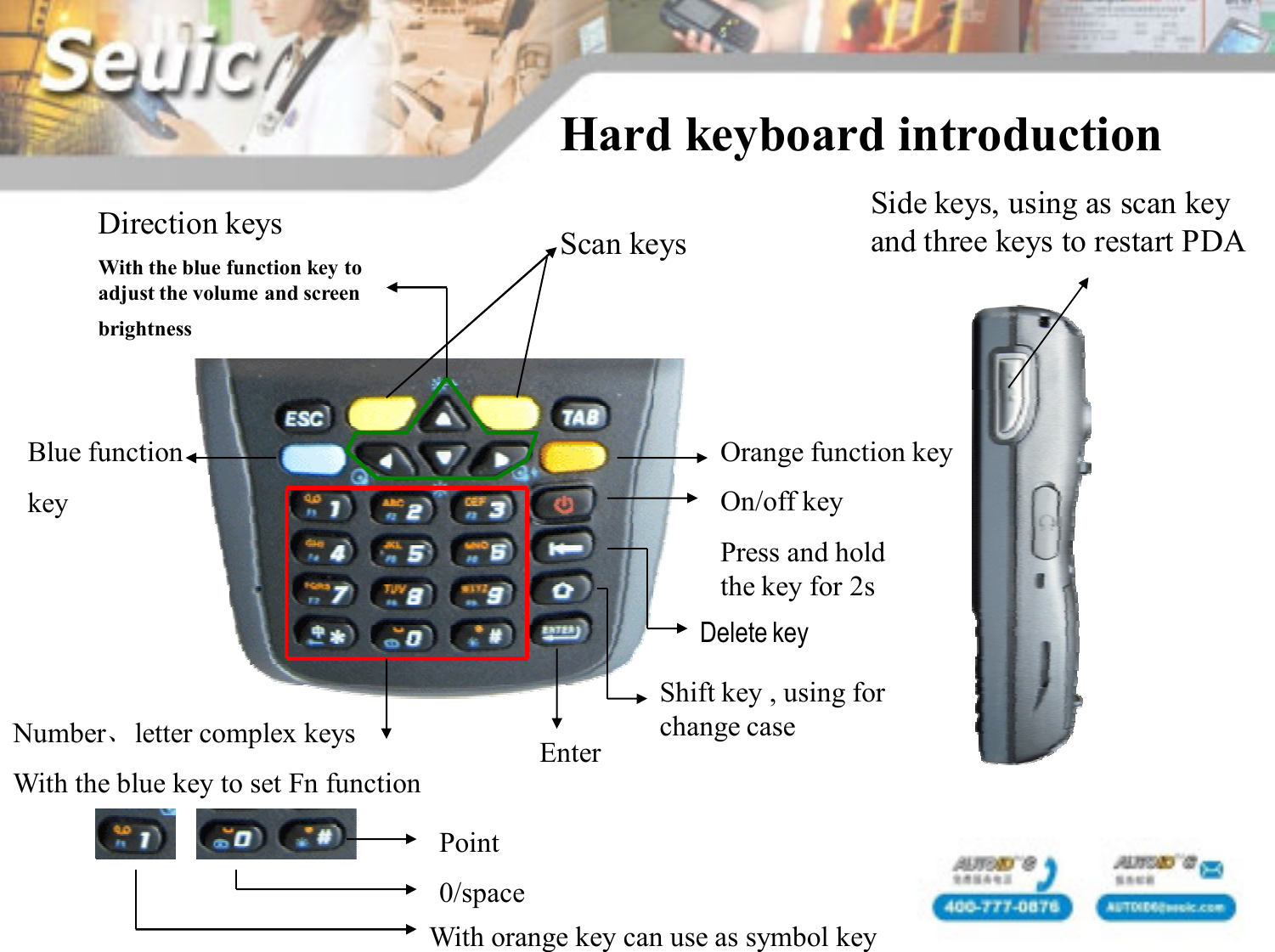 Hard keyboard introduction Scan keysSide keys, using as scan key and three keys to restart PDANumber、letter complex keysWith the blue key to set Fn functionBlue functionkeyOrange function key EnterShift key , using for change caseDelete keyOn/off keyPress and hold the key for 2sPoint0/spaceWith orange key can use as symbol keyDirection keysWith the blue function key to adjust the volume and screen brightness
