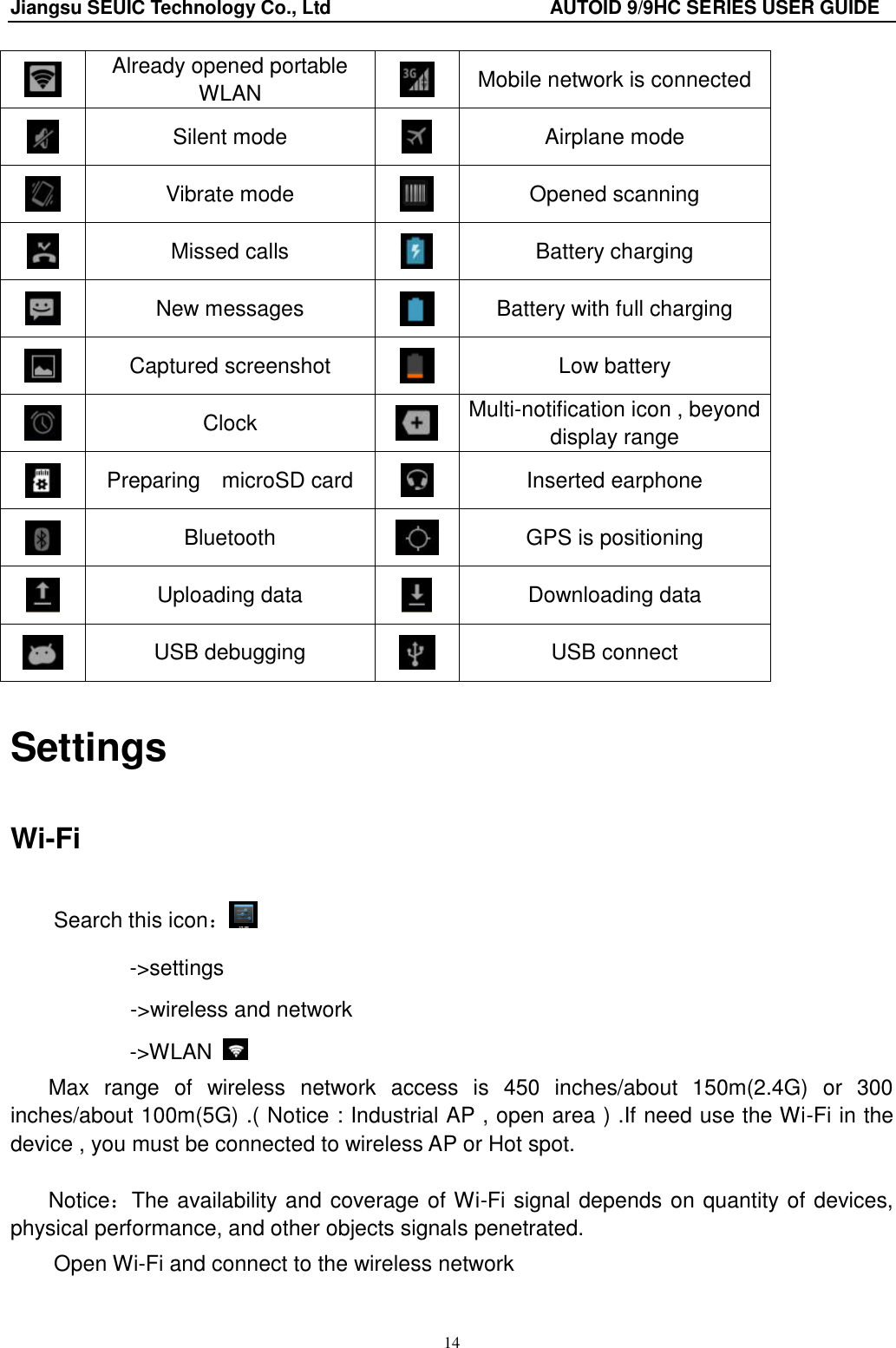 Jiangsu SEUIC Technology Co., Ltd                                              AUTOID 9/9HC SERIES USER GUIDE 14  Already opened portable WLAN    Mobile network is connected  Silent mode  Airplane mode  Vibrate mode  Opened scanning  Missed calls  Battery charging    New messages  Battery with full charging  Captured screenshot  Low battery  Clock    Multi-notification icon , beyond display range  Preparing    microSD card  Inserted earphone  Bluetooth  GPS is positioning  Uploading data  Downloading data  USB debugging  USB connect Settings Wi-Fi Search this icon： ->settings        ->wireless and network ->WLAN   Max  range  of  wireless  network  access  is  450  inches/about  150m(2.4G)  or  300 inches/about 100m(5G) .( Notice : Industrial AP , open area ) .If need use the Wi-Fi in the device , you must be connected to wireless AP or Hot spot.  Notice：The availability and coverage of Wi-Fi signal depends on quantity of devices, physical performance, and other objects signals penetrated. Open Wi-Fi and connect to the wireless network 