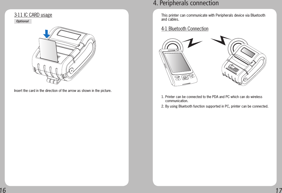 16173-11 IC CARD usageInsert the card in the direction of the arrow as shown in the picture. Optional1. Printer can be connected to the PDA and PC which can do wireless     communication.2. By using Bluetooth function supported in PC, printer can be connected.This printer can communicate with Peripherals device via Bluetooth and cables.4-1 Bluetooth Connection4. Peripherals connection