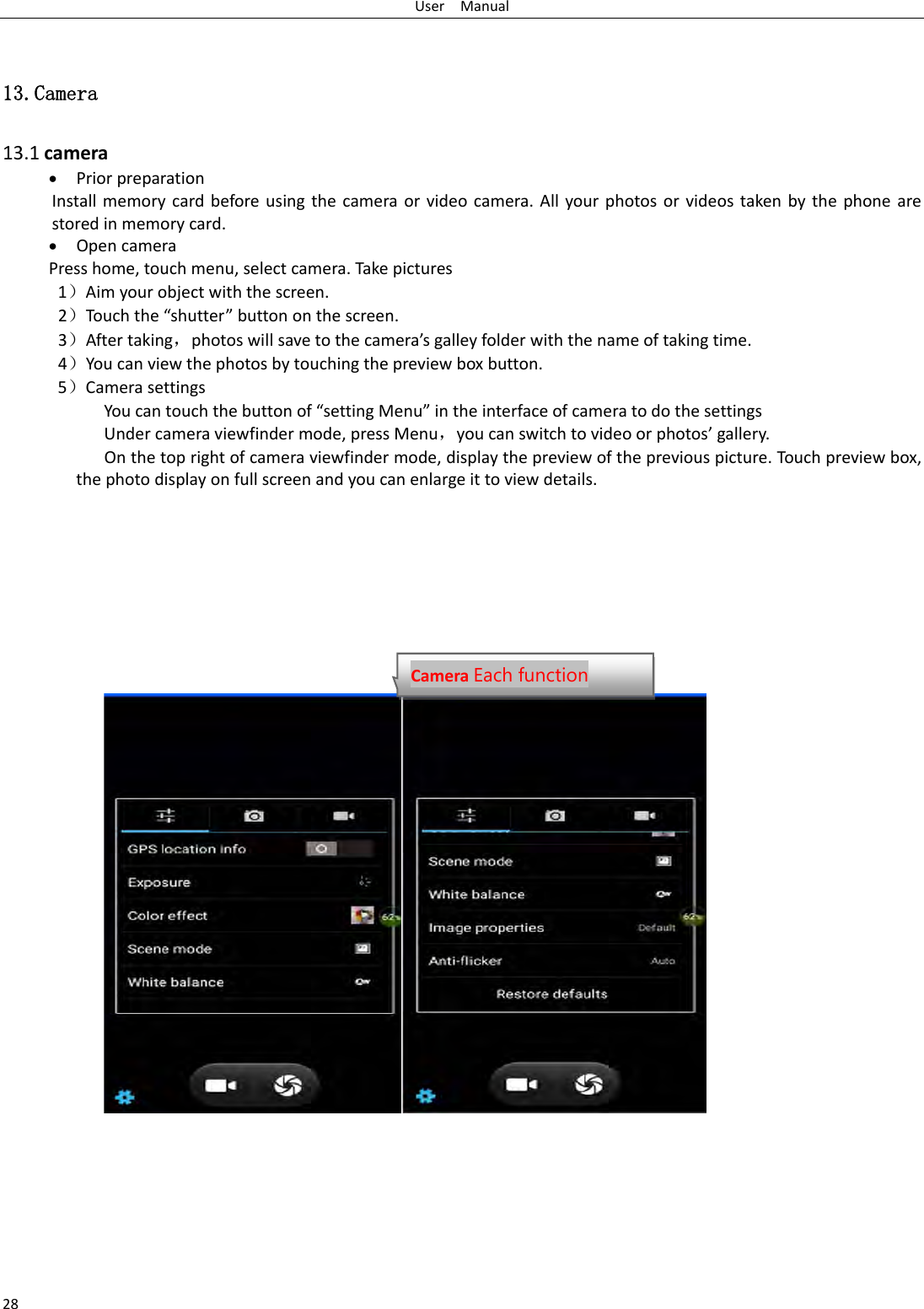 UserManual2813.Camera  13.1camera&bull; PriorpreparationInstallmemorycardbeforeusingthecameraorvideocamera.Allyourphotosorvideostakenbythephonearestoredinmemorycard.&bull; OpencameraPresshome,touchmenu,selectcamera.Takepictures1）Aimyourobjectwiththescreen.2）Touchthe&ldquo;shutter&rdquo;buttononthescreen.3）Aftertaking，photoswillsavetothecamera&rsquo;sgalleyfolderwiththenameoftakingtime.4）Youcanviewthephotosbytouchingthepreviewboxbutton.5）CamerasettingsYoucantouchthebuttonof&ldquo;settingMenu&rdquo;intheinterfaceofcameratodothesettingsUndercameraviewfindermode,pressMenu，youcanswitchtovideoorphotos&rsquo;gallery.Onthetoprightofcameraviewfindermode,displaythepreviewofthepreviouspicture.Touchpreviewbox,thephotodisplayonfullscreenandyoucanenlargeittoviewdetails.CameraEach function 