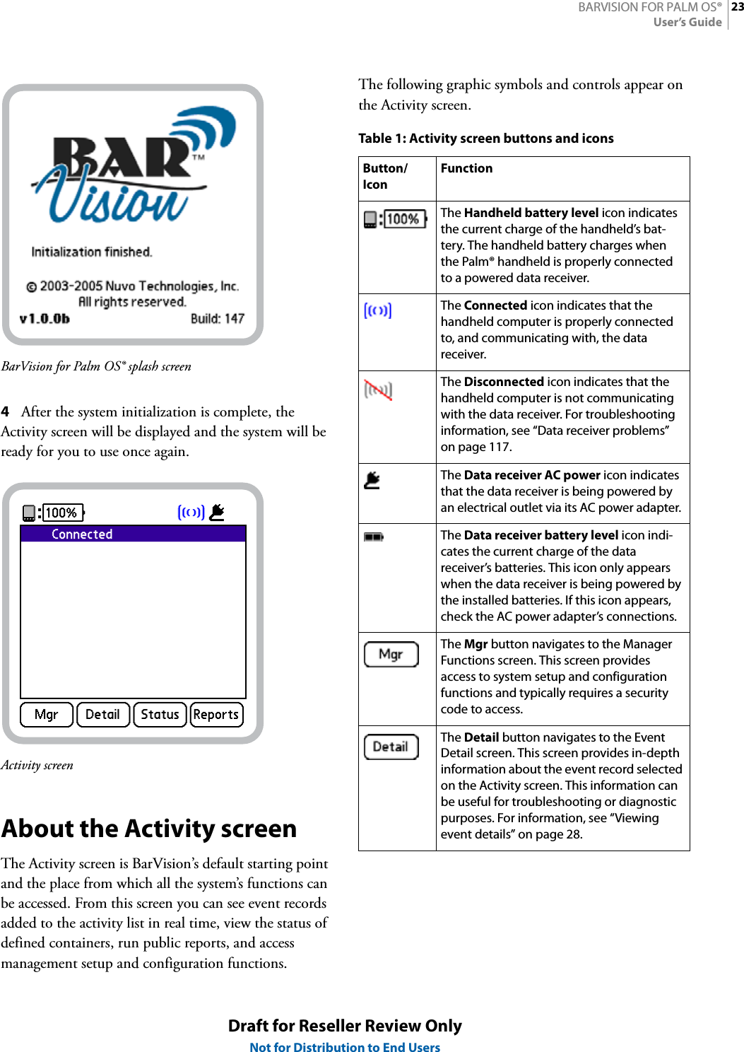 23BARVISION FOR PALM OS®User’s GuideDraft for Reseller Review OnlyNot for Distribution to End UsersBarVision for Palm OS® splash screen4After the system initialization is complete, the Activity screen will be displayed and the system will be ready for you to use once again.Activity screenAbout the Activity screenThe Activity screen is BarVision’s default starting point and the place from which all the system’s functions can be accessed. From this screen you can see event records added to the activity list in real time, view the status of defined containers, run public reports, and access management setup and configuration functions.The following graphic symbols and controls appear on the Activity screen.Table 1: Activity screen buttons and iconsButton/IconFunctionThe Handheld battery level icon indicates the current charge of the handheld’s bat-tery. The handheld battery charges when the Palm® handheld is properly connected to a powered data receiver.The Connected icon indicates that the handheld computer is properly connected to, and communicating with, the data receiver.The Disconnected icon indicates that the handheld computer is not communicating with the data receiver. For troubleshooting information, see “Data receiver problems” on page 117.The Data receiver AC power icon indicates that the data receiver is being powered by an electrical outlet via its AC power adapter.The Data receiver battery level icon indi-cates the current charge of the data receiver’s batteries. This icon only appears when the data receiver is being powered by the installed batteries. If this icon appears, check the AC power adapter’s connections.The Mgr button navigates to the Manager Functions screen. This screen provides access to system setup and configuration functions and typically requires a security code to access.The Detail button navigates to the Event Detail screen. This screen provides in-depth information about the event record selected on the Activity screen. This information can be useful for troubleshooting or diagnostic purposes. For information, see “Viewing event details” on page 28.