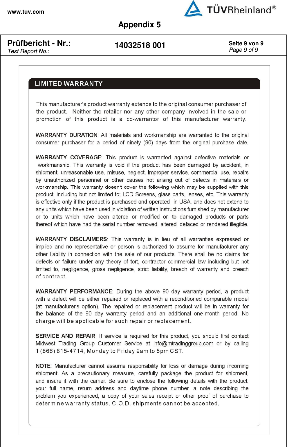 www.tuv.com Appendix 5  Pr&uuml;fbericht - Nr.:  Test Report No.: 14032518 001 Seite 9 von 9 Page 9 of 9    