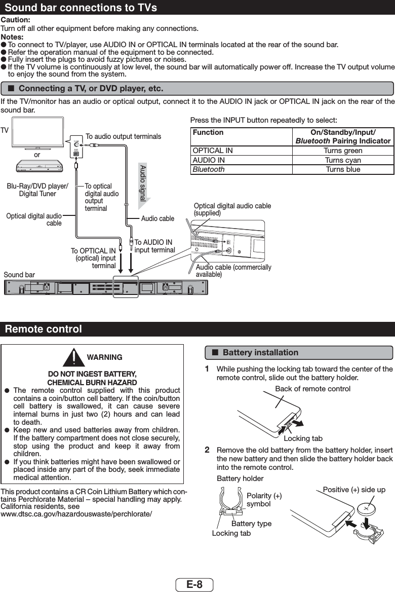 E-8Caution:Turn off all other equipment before making any connections.Notes:● To connect to TV/player, use AUDIO IN or OPTICAL IN terminals located at the rear of the sound bar.● Refer the operation manual of the equipment to be connected.● Fully insert the plugs to avoid fuzzy pictures or noises.● If the TV volume is continuously at low level, the sound bar will automatically power off. Increase the TV output volume to enjoy the sound from the system. ■Connecting a TV, or DVD player, etc. If the TV/monitor has an audio or optical output, connect it to the AUDIO IN jack or OPTICAL IN jack on the rear of the sound bar.Sound bar connections to TVsOptical digital audio cable (supplied)Audio cable (commercially available)To AUDIO IN input terminalAudio signalTo audio output terminalsTVorBlu-Ray/DVD player/Digital TunerSound barTo OPTICAL IN (optical) input terminalTo optical digital audio output terminalOptical digital audio cablePress the INPUT button repeatedly to select:Function On/Standby/Input/ Bluetooth Pairing Indicator OPTICAL IN Turns greenAUDIO IN Turns cyanBluetooth Turns blueRemote control WARNINGDO NOT INGEST BATTERY, CHEMICAL BURN HAZARD ●7KH UHPRWH FRQWURO VXSSOLHG ZLWK WKLV SURGXFWFRQWDLQVDFRLQEXWWRQFHOOEDWWHU\,IWKHFRLQEXWWRQFHOO EDWWHU\ LV VZDOORZHG LW FDQ FDXVH VHYHUHLQWHUQDO EXUQV LQ MXVW WZR  KRXUV DQG FDQ OHDGWRGHDWK ●.HHSQHZ DQG XVHG EDWWHULHV DZD\IURPFKLOGUHQ,IWKHEDWWHU\FRPSDUWPHQWGRHVQRWFORVHVHFXUHO\VWRS XVLQJ WKH SURGXFW DQG NHHS LW DZD\ IURPFKLOGUHQ ●,I\RXWKLQNEDWWHULHVPLJKWKDYHEHHQVZDOORZHGRUSODFHGLQVLGHDQ\SDUWRIWKHERG\VHHNLPPHGLDWHPHGLFDODWWHQWLRQThis product contains a CR Coin Lithium Battery which con-tains Perchlorate Material – special handling may apply.California residents, see www.dtsc.ca.gov/hazardouswaste/perchlorate/ ■Battery installation1  While pushing the locking tab toward the center of the remote control, slide out the battery holder.Locking tabBack of remote control2  Remove the old battery from the battery holder, insert the new battery and then slide the battery holder back into the remote control.Battery typeBattery holderLocking tabPolarity (+) symbolPositive (+) side upAudio cable