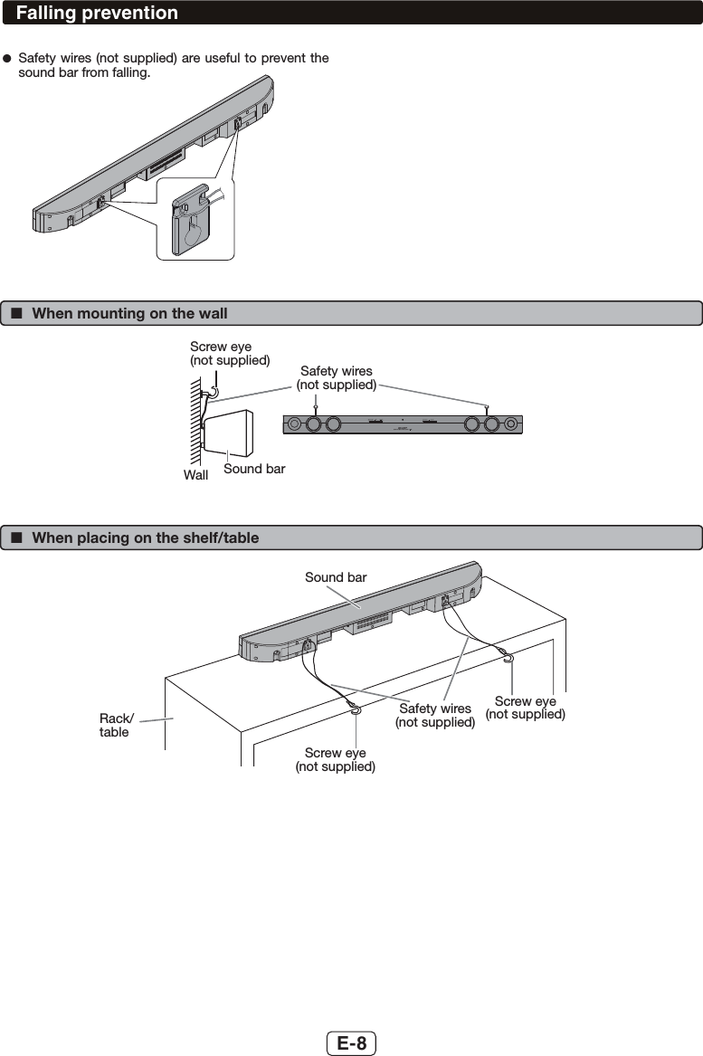 E-8Falling prevention ●Safety wires (not supplied) are useful to prevent the sound bar from falling. Safety wires (not supplied)Sound barScrew eye (not supplied)Wall ■When placing on the shelf/tableRack/tableScrew eye  (not supplied)Safety wires  (not supplied)Screw eye  (not supplied)Sound bar ■When mounting on the wall