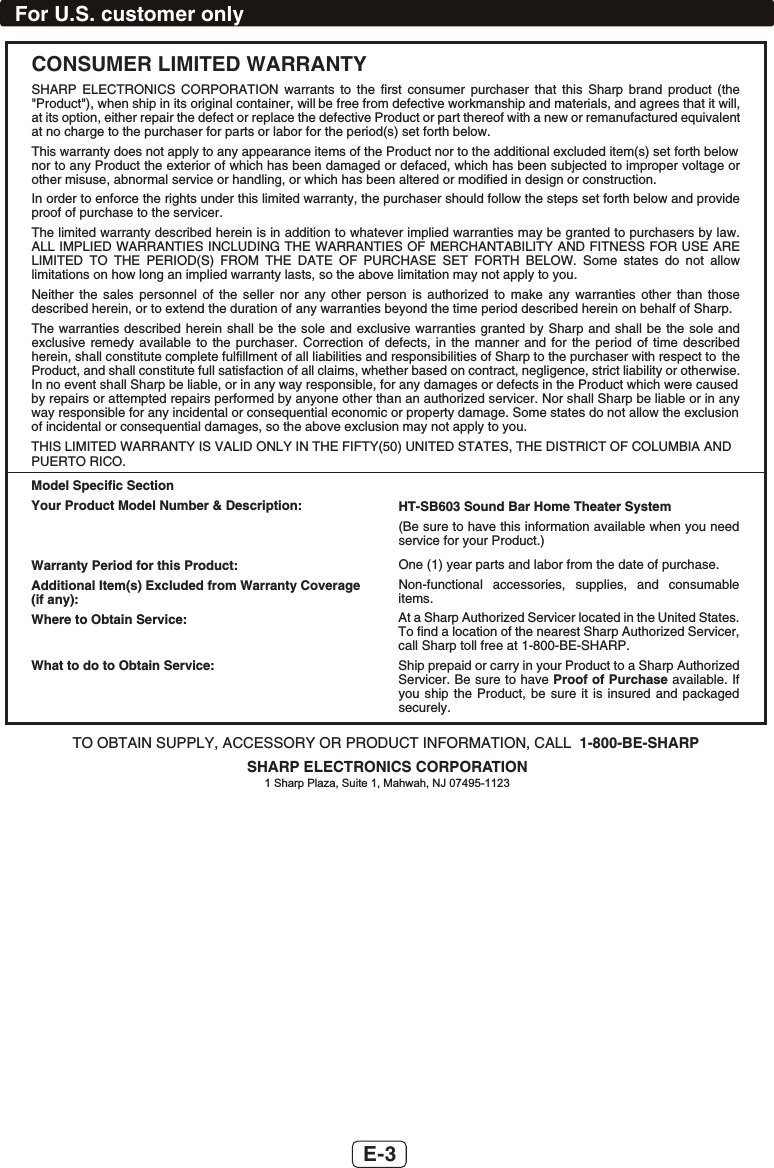 Page 4 of SHARP NORTH MALAYSIA SDN BHD HTSB603 SOUND BAR HOME THEATER SYSTEM User Manual HT SB603 SEC EN 181215