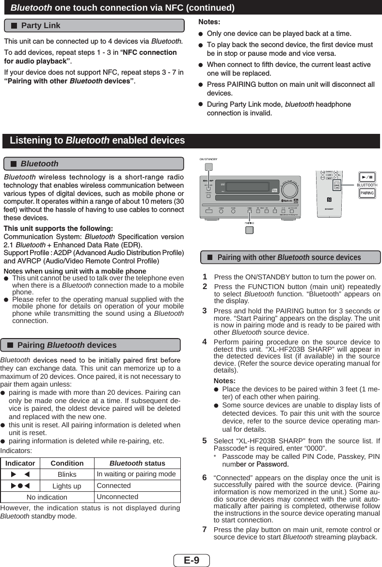 Bluetooth one touch connection via NFC (continued)E-9Listening to Bluetooth enabled devicesBluetoothParty LinkBluetooth wireless technology is a short-range radio technology that enables wireless communication between various types of digital devices, such as mobile phone or computer. It operates within a range of about 10 meters (30 feet) without the hassle of having to use cables to connect these devices.This unit supports the following:Communication System: Bluetooth Speciﬁcation version 2.1 Bluetooth + Enhanced Data Rate (EDR).Support Proﬁle : A2DP (Advanced Audio Distribution Proﬁle) and AVRCP (Audio/Video Remote Control Proﬁle)Notes when using unit with a mobile phoneThis unit cannot be used to talk over the telephone even when there is a Bluetooth connection made to a mobile phone.Please refer to the operating manual supplied with the mobile phone for details on operation of your mobile phone while transmitting the sound using a Bluetoothconnection.Pairing Bluetooth devicesBluetooththey can exchange data. This unit can memorize up to a maximum of 20 devices. Once paired, it is not necessary to pair them again unless:pairing is made with more than 20 devices. Pairing can only be made one device at a time. If subsequent de-vice is paired, the oldest device paired will be deleted and replaced with the new one.this unit is reset. All pairing information is deleted when unit is reset.pairing information is deleted while re-pairing, etc.Indicators:Indicator Condition Bluetooth statusBlinks In waiting or pairing modeLights up ConnectedNo indication UnconnectedHowever, the indication status is not displayed during Bluetooth standby mode.Pairing with other Bluetooth source devices1Press the ON/STANDBY button to turn the power on.2Press the FUNCTION button (main unit) repeatedly to select Bluetooth function. “Bluetooth” appears on the display.3Press and hold the PAIRING button for 3 seconds or more. “Start Pairing” appears on the display. The unit is now in pairing mode and is ready to be paired with other Bluetooth source device.4Perform pairing procedure on the source device to detect this unit. “XL-HF203B SHARP” will appear in the detected devices list (if available) in the source device. (Refer the source device operating manual for details).Notes:Place the devices to be paired within 3 feet (1 me-ter) of each other when pairing.Some source devices are unable to display lists of detected devices. To pair this unit with the source device, refer to the source device operating man-ual for details.5Select “XL-HF203B SHARP” from the source list. If Passcode* is required, enter “0000”.*Passcode may be called PIN Code, Passkey, PIN number or Password.6“Connected” appears on the display once the unit is successfully paired with the source device. (Pairing information is now memorized in the unit.) Some au-dio source devices may connect with the unit auto-matically after pairing is completed, otherwise follow the instructions in the source device operating manual to start connection.7Press the play button on main unit, remote control or source device to start Bluetooth streaming playback.This unit can be connected up to 4 devices via Bluetooth.To add devices, repeat steps 1 - 3 in “NFC connection for audio playback”.If your device does not support NFC, repeat steps 3 - 7 in “Pairing with other Bluetooth devices”.Notes:Only one device can be played back at a time.To play back the second device, the first device must be in stop or pause mode and vice versa.When connect to fifth device, the current least active one will be replaced.Press PAIRING button on main unit will disconnect all devices.During Party Link mode, bluetooth headphone connection is invalid.