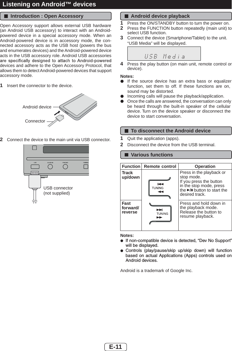 E-11Listening on Android™ devicesIntroduction : Open AccessoryOpen Accessory support allows external USB hardware (an Android USB accessory) to interact with an Android-powered device in a special accessory mode. When an Android-powered device is in accessory mode, the con-nected accessory acts as the USB host (powers the bus and enumerates devices) and the Android-powered device acts in the USB accessory role. Android USB accessories devices and adhere to the Open Accessory Protocol, that allows them to detect Android-powered devices that support accessory mode.1Insert the connector to the device.2Connect the device to the main unit via USB connector.USB connector (not supplied)Android device playback1Press the ON/STANDBY button to turn the power on.2Press the FUNCTION button repeatedly (main unit) to select USB function.3Connect the device (Smartphone/Tablet) to the unit.“USB Media” will be displayed.4Press the play button (on main unit, remote control or device).Notes:If the source device has an extra bass or equalizer function, set them to off. If these functions are on, sound may be distorted.Incoming calls will pause the playback/application.Once the calls are answered, the conversation can only be heard through the built-in speaker of the cellular device. Turn on the device speaker or disconnect the device to start conversation.To disconnect the Android device1Quit the application (apps).2Disconnect the device from the USB terminal.Various functionsFunction Remote control OperationTrackup/down Press in the playback or stop mode.If you press the button in the stop mode, press the / button to start the desired track.Fastforward/reversePress and hold down in the playback mode.Release the button to resume playback.Notes:If non-compatible device is detected, “Dev No Support” will be displayed.Controls (play/pause/skip up/skip down) will function based on actual Applications (Apps) controls used on Android devices.Android is a trademark of Google Inc.ConnectorAndroid device