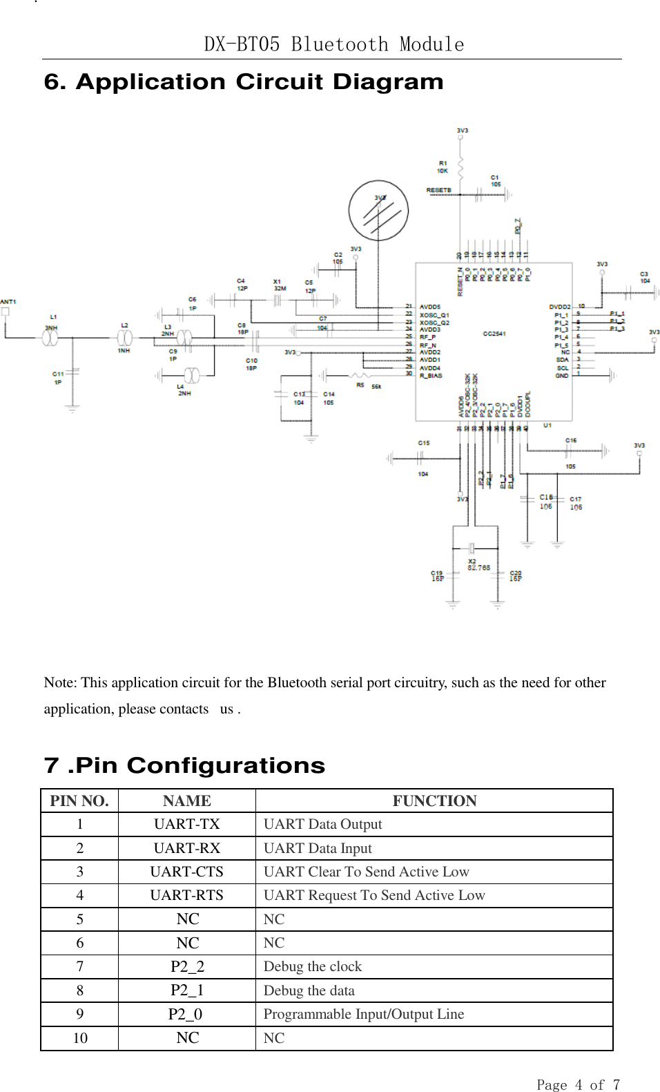 DX-BT05 Bluetooth Module  Page 4 of 7 .   6. Application Circuit Diagram   Note: This application circuit for the Bluetooth serial port circuitry, such as the need for other application, please contacts   us .   7 .Pin Configurations  PIN NO. NAME FUNCTION 1 UART-TX UART Data Output 2 UART-RX UART Data Input 3 UART-CTS UART Clear To Send Active Low 4 UART-RTS UART Request To Send Active Low 5 NC NC 6 NC NC 7 P2_2 Debug the clock 8 P2_1 Debug the data 9 P2_0 Programmable Input/Output Line 10 NC NC 