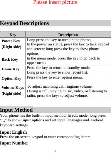  6   Please insert picture   Keypad Descriptions  Key Description Power Key (Right side) Long press the key to turn on the phone. In the power on status, press the key to lock keypad and screen; long press the key to show phone options. Back Key In the menu mode, press the key to go back to upper menu. Home Key Press the key to return to standby mode. Long press the key to show recent list.   Option Key Press the key to enter option menu. Volume Keys (Right side) To adjust incoming call ringtone volume. During a call, playing music, video, or listening to radio, press the keys to adjust volume.  Input Method Your phone has the built-in input method. In edit mode, long press “,…” to show Input options and set input languages and Android keyboard settings. Input English Press the on-screen keypad to enter corresponding letters. Input Number 
