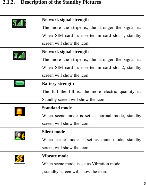  8 2.1.2. Description of the Standby Pictures  Network signal strength The more the stripe is, the stronger the signal is. When SIM card 1s inserted in card slot 1, standby screen will show the icon.  Network signal strength The more the stripe is, the stronger the signal is. When SIM card 1s inserted in card slot 2, standby screen will show the icon.  Battery strength The full the fill is, the more electric quantity is. Standby screen will show the icon.      Standard mode When scene mode is set as normal mode, standby screen will show the icon.  Silent mode When scene mode is set as mute mode, standby screen will show the icon.  Vibrate mode When scene mode is set as Vibration mode , standby screen will show the icon. 