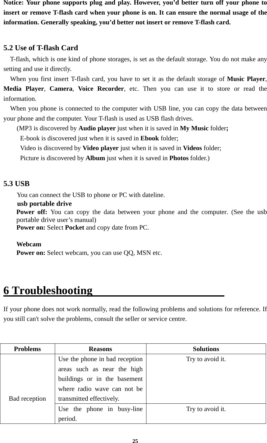 25  Notice: Your phone supports plug and play. However, you’d better turn off your phone to insert or remove T-flash card when your phone is on. It can ensure the normal usage of the information. Generally speaking, you’d better not insert or remove T-flash card.  5.2 Use of T-flash Card   T-flash, which is one kind of phone storages, is set as the default storage. You do not make any setting and use it directly.   When you first insert T-flash card, you have to set it as the default storage of Music Player, Media Player,  Camera,  Voice Recorder, etc. Then you can use it to store or read the information.     When you phone is connected to the computer with USB line, you can copy the data between your phone and the computer. Your T-flash is used as USB flash drives. (MP3 is discovered by Audio player just when it is saved in My Music folder;   E-book is discovered just when it is saved in Ebook folder;   Video is discovered by Video player just when it is saved in Videos folder;   Picture is discovered by Album just when it is saved in Photos folder.)      5.3 USB You can connect the USB to phone or PC with dateline. usb portable drive Power off: You can copy the data between your phone and the computer. (See the usb portable drive user’s manual) Power on: Select Pocket and copy date from PC.   Webcam Power on: Select webcam, you can use QQ, MSN etc.  6 Troubleshooting                        If your phone does not work normally, read the following problems and solutions for reference. If you still can&apos;t solve the problems, consult the seller or service centre.   Problems Reasons Solutions     Bad reception Use the phone in bad reception areas such as near the high buildings or in the basement where radio wave can not be transmitted effectively. Try to avoid it. Use the phone in busy-line period. Try to avoid it. 