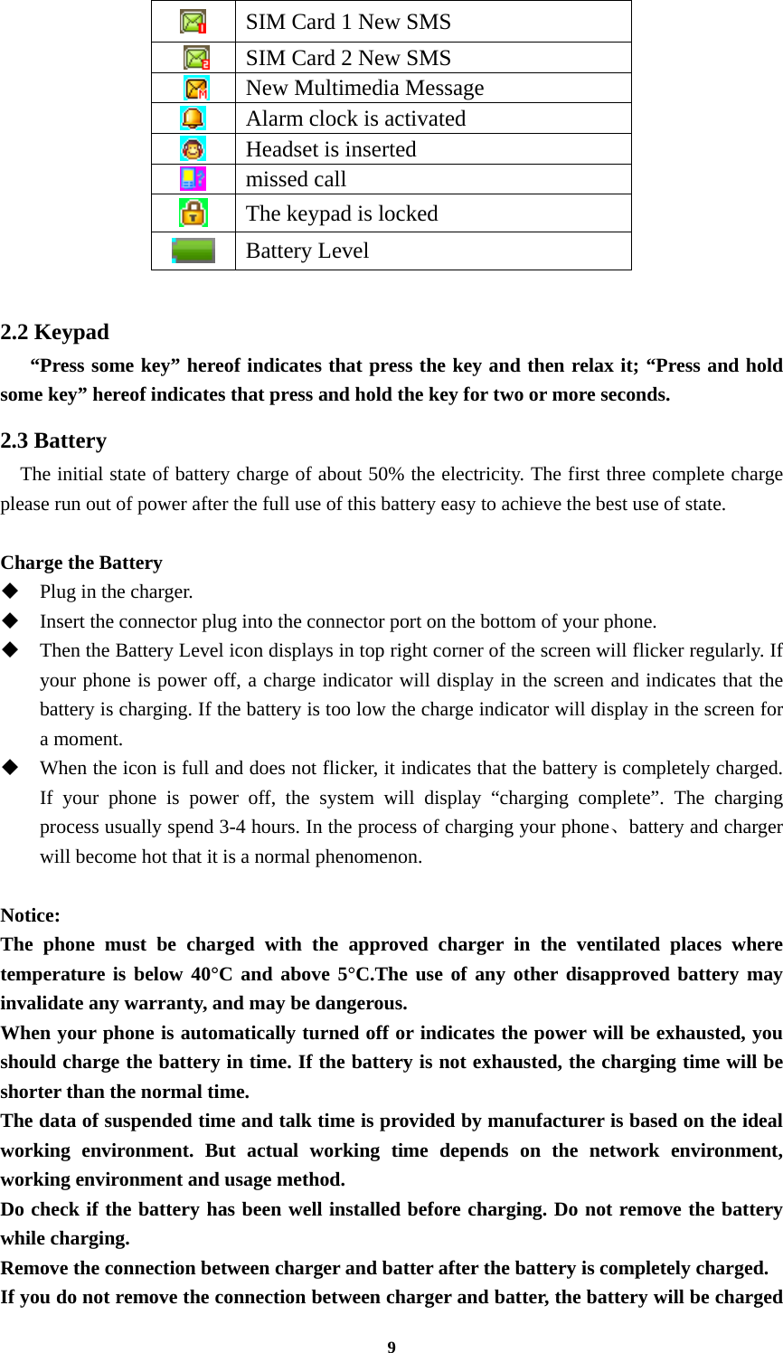 9  SIM Card 1 New SMS     SIM Card 2 New SMS     New Multimedia Message    Alarm clock is activated  Headset is inserted  missed call  The keypad is locked  Battery Level  2.2 Keypad      “Press some key” hereof indicates that press the key and then relax it; “Press and hold some key” hereof indicates that press and hold the key for two or more seconds. 2.3 Battery     The initial state of battery charge of about 50% the electricity. The first three complete charge please run out of power after the full use of this battery easy to achieve the best use of state.  Charge the Battery  Plug in the charger.  Insert the connector plug into the connector port on the bottom of your phone.    Then the Battery Level icon displays in top right corner of the screen will flicker regularly. If your phone is power off, a charge indicator will display in the screen and indicates that the battery is charging. If the battery is too low the charge indicator will display in the screen for a moment.  When the icon is full and does not flicker, it indicates that the battery is completely charged. If your phone is power off, the system will display “charging complete”. The charging process usually spend 3-4 hours. In the process of charging your phone、battery and charger will become hot that it is a normal phenomenon.  Notice: The phone must be charged with the approved charger in the ventilated places where temperature is below 40°C and above 5°C.The use of any other disapproved battery may invalidate any warranty, and may be dangerous. When your phone is automatically turned off or indicates the power will be exhausted, you should charge the battery in time. If the battery is not exhausted, the charging time will be shorter than the normal time. The data of suspended time and talk time is provided by manufacturer is based on the ideal working environment. But actual working time depends on the network environment, working environment and usage method. Do check if the battery has been well installed before charging. Do not remove the battery while charging. Remove the connection between charger and batter after the battery is completely charged. If you do not remove the connection between charger and batter, the battery will be charged 