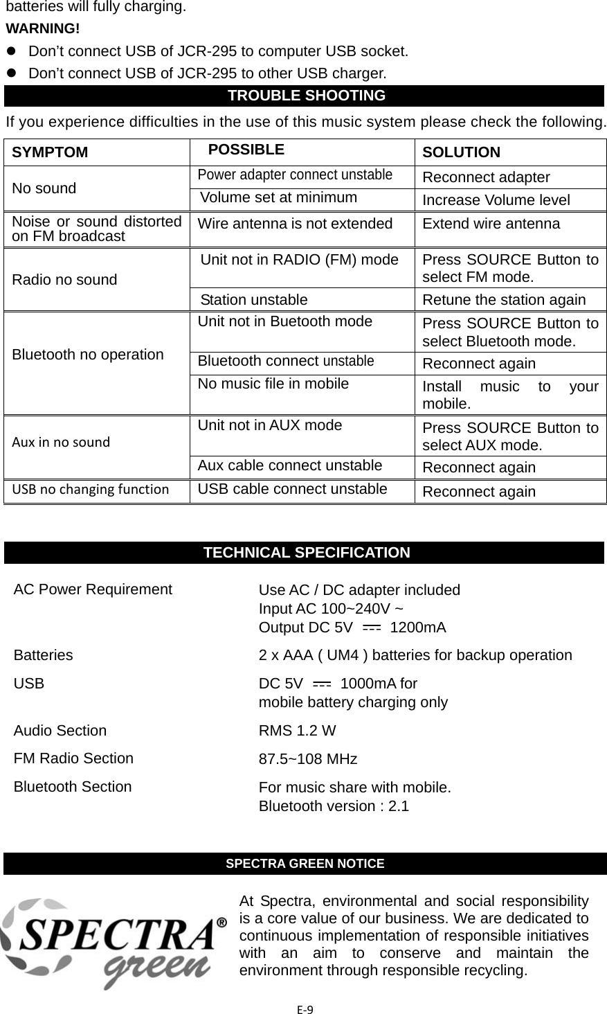 E‐9batteries will fully charging. WARNING!    Don’t connect USB of JCR-295 to computer USB socket.   Don’t connect USB of JCR-295 to other USB charger.   If you experience difficulties in the use of this music system please check the following.  SYMPTOM POSSIBLE SOLUTION No sound Power adapter connect unstable Reconnect adapter Volume set at minimum  Increase Volume level Noise or sound distorted on FM broadcast Wire antenna is not extended Extend wire antenna  Radio no sound  Unit not in RADIO (FM) mode Press SOURCE Button to select FM mode. Station unstable  Retune the station again   Bluetooth no operation Unit not in Buetooth mode Press SOURCE Button to select Bluetooth mode. Bluetooth connect unstableReconnect again No music file in mobile  Install music to your mobile. AuxinnosoundUnit not in AUX mode  Press SOURCE Button to select AUX mode. Aux cable connect unstable    Reconnect again USBnochangingfunctionUSB cable connect unstable    Reconnect again     AC Power Requirement    Use AC / DC adapter included Input AC 100~240V ~ Output DC 5V   1200mA  Batteries  2 x AAA ( UM4 ) batteries for backup operation  USB DC 5V  1000mA for mobile battery charging only  Audio Section    RMS 1.2 W  FM Radio Section    87.5~108 MHz  Bluetooth Section  For music share with mobile. Bluetooth version : 2.1   SPECTRA GREEN NOTICE  At Spectra, environmental and social responsibility is a core value of our business. We are dedicated to continuous implementation of responsible initiatives with an aim to conserve and maintain the environment through responsible recycling. TROUBLE SHOOTINGTECHNICAL SPECIFICATION