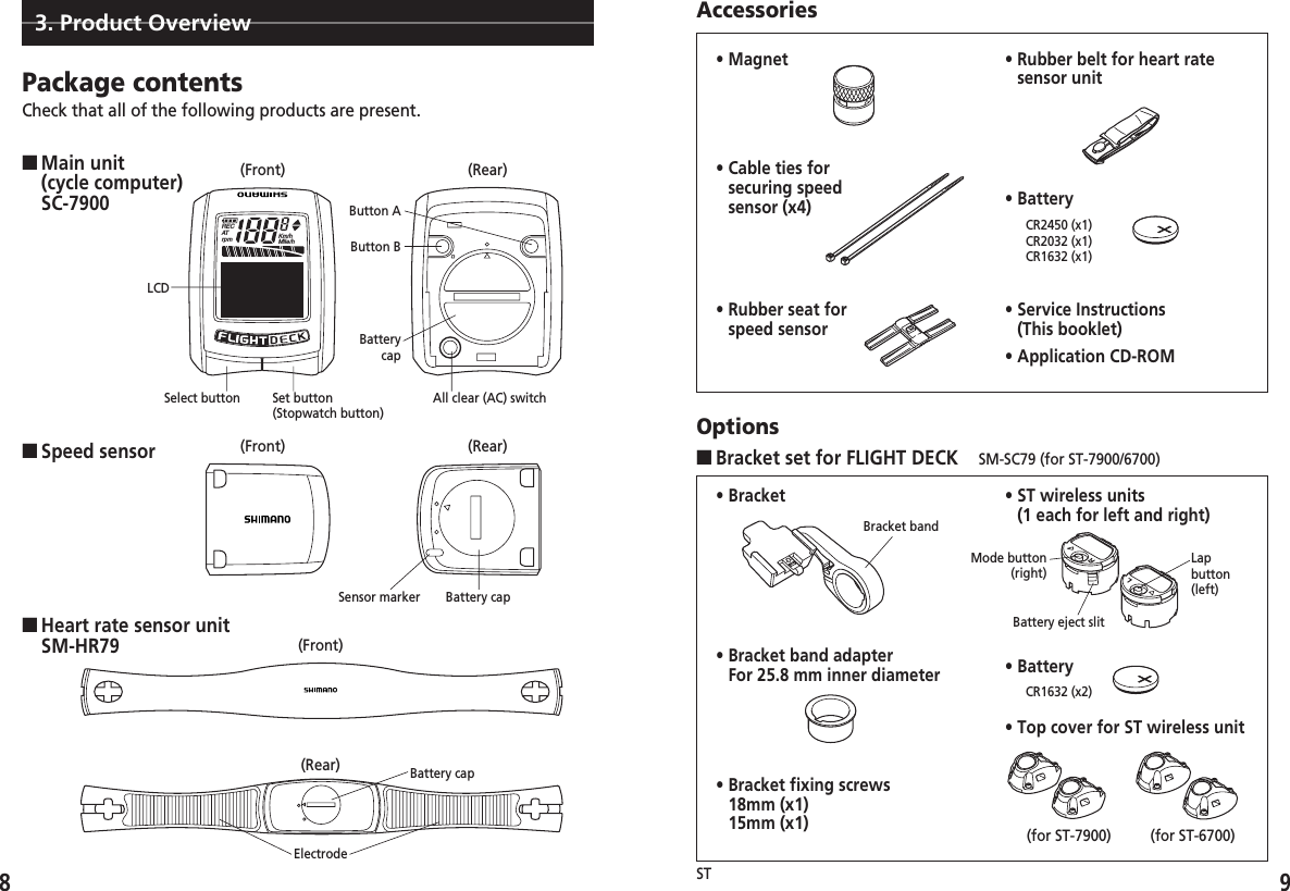 983. Product OverviewPackage contentsAccessoriesCheck that all of the following products are present.RECATrpm Km/hMile/h■Main unit (cycle computer)SC-7900• Magnet• Bracket • ST wireless units (1 each for left and right)• Top cover for ST wireless unitOptions■Bracket set for FLIGHT DECK    SM-SC79 (for ST-7900/6700)• Cable ties forsecuring speedsensor (x4)• Rubber seat forspeed sensor• Rubber belt for heart ratesensor unit• Battery• Service Instructions (This booklet)• Application CD-ROM• Bracket band adapterFor 25.8 mm inner diameter■Speed sensor■Heart rate sensor unit SM-HR79(Front) (Rear)(Front)(Front)(Rear)ElectrodeBattery capBattery capSensor markerBracket bandMode button(right)Battery eject slitLapbutton(left)CR2450 (x1)CR2032 (x1)CR1632 (x1)• BatteryCR1632 (x2)BatterycapButton BSet button (Stopwatch button)All clear (AC) switchSelect buttonLCD(Rear)(for ST-7900)ST(for ST-6700)Button A• Bracket fixing screws18mm (x1)15mm (x1)