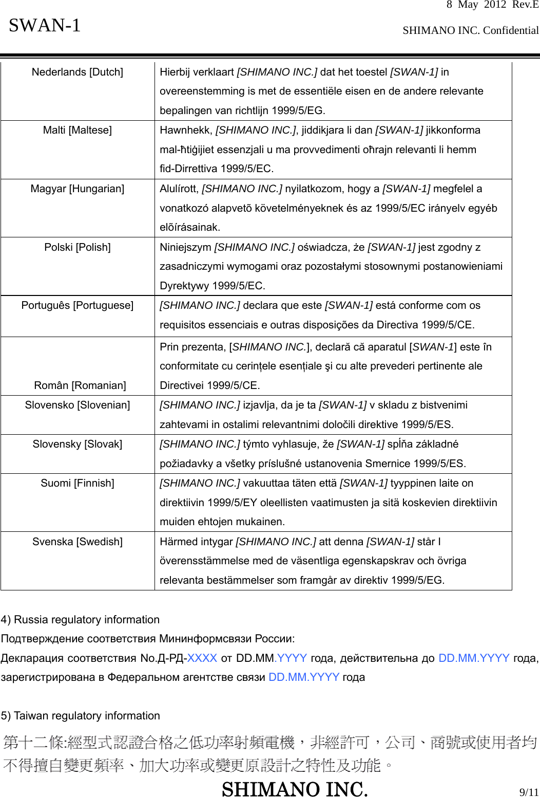 8 May 2012 Rev.E  SHIMANO INC. Confidential   SHIMANO INC.                  9/11 SWAN-1  Nederlands [Dutch]  Hierbij verklaart [SHIMANO INC.] dat het toestel [SWAN-1] in overeenstemming is met de essentiële eisen en de andere relevante bepalingen van richtlijn 1999/5/EG. Malti [Maltese]  Hawnhekk, [SHIMANO INC.], jiddikjara li dan [SWAN-1] jikkonforma mal-ħtiġijiet essenzjali u ma provvedimenti oħrajn relevanti li hemm fid-Dirrettiva 1999/5/EC. Magyar [Hungarian]  Alulírott, [SHIMANO INC.] nyilatkozom, hogy a [SWAN-1] megfelel a vonatkozó alapvetõ követelményeknek és az 1999/5/EC irányelv egyéb elõírásainak. Polski [Polish]  Niniejszym [SHIMANO INC.] oświadcza, że [SWAN-1] jest zgodny z zasadniczymi wymogami oraz pozostałymi stosownymi postanowieniami Dyrektywy 1999/5/EC. Português [Portuguese]  [SHIMANO INC.] declara que este [SWAN-1] está conforme com os requisitos essenciais e outras disposições da Directiva 1999/5/CE.  Român [Romanian] Prin prezenta, [SHIMANO INC.], declară că aparatul [SWAN-1] este în conformitate cu cerinţele esenţiale şi cu alte prevederi pertinente ale Directivei 1999/5/CE. Slovensko [Slovenian]  [SHIMANO INC.] izjavlja, da je ta [SWAN-1] v skladu z bistvenimi zahtevami in ostalimi relevantnimi določili direktive 1999/5/ES. Slovensky [Slovak]  [SHIMANO INC.] týmto vyhlasuje, že [SWAN-1] spĺňa základné požiadavky a všetky príslušné ustanovenia Smernice 1999/5/ES. Suomi [Finnish]  [SHIMANO INC.] vakuuttaa täten että [SWAN-1] tyyppinen laite on direktiivin 1999/5/EY oleellisten vaatimusten ja sitä koskevien direktiivin muiden ehtojen mukainen. Svenska [Swedish]  Härmed intygar [SHIMANO INC.] att denna [SWAN-1] står I överensstämmelse med de väsentliga egenskapskrav och övriga relevanta bestämmelser som framgår av direktiv 1999/5/EG.  4) Russia regulatory information Подтверждение соответствия Мининформсвязи России: Декларация соответствия No.Д-РД-XXXX от DD.MM.YYYY года, действительна до DD.MM.YYYY года, зарегистрирована в Федеральном агентстве связи DD.MM.YYYY года  5) Taiwan regulatory information  