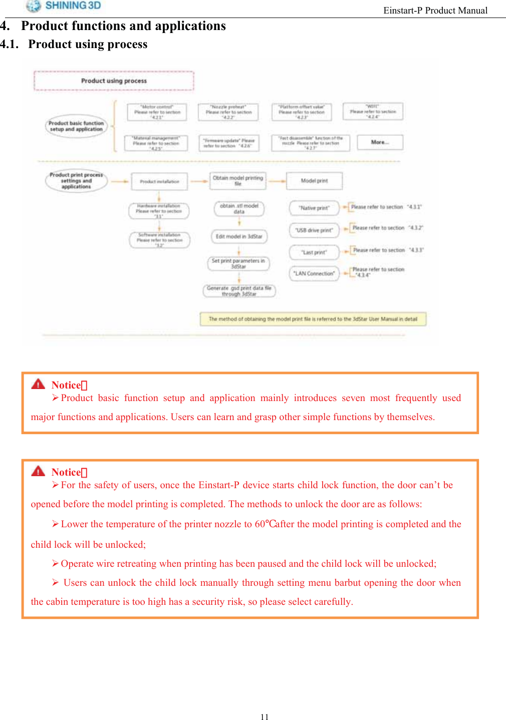 (LQVWDUW33URGXFW0DQXDO 3URGXFW IXQFWLRQV DQG DSSOLFDWLRQV 3URGXFW XVLQJ SURFHVV1RWLFH：：3URGXFW EDVLF IXQFWLRQ VHWXS DQG DSSOLFDWLRQ PDLQO\ LQWURGXFHV VHYHQ PRVW IUHTXHQWO\ XVHGPDMRU IXQFWLRQV DQG DSSOLFDWLRQV 8VHUV FDQ OHDUQ DQG JUDVS RWKHU VLPSOH IXQFWLRQV E\ WKHPVHOYHV1RWLFH：：)RUWKHVDIHW\RIXVHUVRQFHWKH(LQVWDUW3GHYLFHVWDUWVFKLOGORFNIXQFWLRQWKHGRRUFDQ&para;WEHRSHQHG EHIRUH WKH PRGHO SULQWLQJ LV FRPSOHWHG 7KH PHWKRGV WR XQORFN WKH GRRU DUH DV IROORZV/RZHU WKH WHPSHUDWXUH RI WKH SULQWHU QR]]OH WR ℃DIWHU WKH PRGHO SULQWLQJ LV FRPSOHWHG DQG WKHFKLOG ORFN ZLOO EH XQORFNHG2SHUDWH ZLUH UHWUHDWLQJ ZKHQ SULQWLQJ KDV EHHQ SDXVHG DQG WKH FKLOG ORFN ZLOO EH XQORFNHG8VHUV FDQ XQORFN WKH FKLOG ORFN PDQXDOO\ WKURXJK VHWWLQJ PHQX EDUEXW RSHQLQJ WKH GRRU ZKHQWKH FDELQ WHPSHUDWXUH LV WRR KLJK KDV D VHFXULW\ ULVN VR SOHDVH VHOHFW FDUHIXOO\