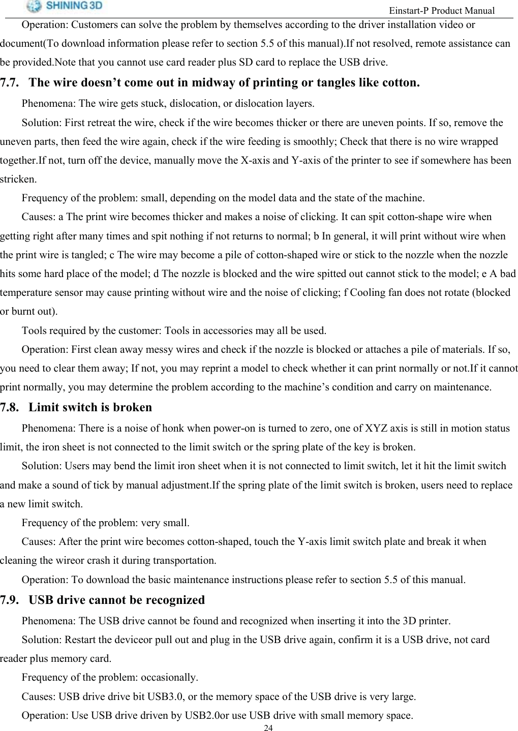 (LQVWDUW33URGXFW0DQXDO2SHUDWLRQ &amp;XVWRPHUV FDQ VROYH WKH SUREOHP E\ WKHPVHOYHV DFFRUGLQJ WR WKH GULYHU LQVWDOODWLRQ YLGHR RUGRFXPHQW7R GRZQORDG LQIRUPDWLRQ SOHDVH UHIHU WR VHFWLRQ  RI WKLV PDQXDO,I QRW UHVROYHG UHPRWH DVVLVWDQFH FDQEH SURYLGHG1RWH WKDW \RX FDQQRW XVH FDUG UHDGHU SOXV 6' FDUG WR UHSODFH WKH 86% GULYH 7KH ZLUH GRHVQ&para;W FRPH RXW LQ PLGZD\ RI SULQWLQJ RU WDQJOHV OLNH FRWWRQ3KHQRPHQD 7KH ZLUH JHWV VWXFN GLVORFDWLRQ RU GLVORFDWLRQ OD\HUV6ROXWLRQ )LUVW UHWUHDW WKH ZLUH FKHFN LI WKH ZLUH EHFRPHV WKLFNHU RU WKHUH DUH XQHYHQ SRLQWV ,I VR UHPRYH WKHXQHYHQ SDUWV WKHQ IHHG WKH ZLUH DJDLQ FKHFN LI WKH ZLUH IHHGLQJ LV VPRRWKO\ &amp;KHFN WKDW WKHUH LV QR ZLUH ZUDSSHGWRJHWKHU,I QRW WXUQ RII WKH GHYLFH PDQXDOO\ PRYH WKH ;D[LV DQG <D[LV RI WKH SULQWHU WR VHH LI VRPHZKHUH KDV EHHQVWULFNHQ)UHTXHQF\ RI WKH SUREOHP VPDOO GHSHQGLQJ RQ WKH PRGHO GDWD DQG WKH VWDWH RI WKH PDFKLQH&amp;DXVHV D 7KH SULQW ZLUH EHFRPHV WKLFNHU DQG PDNHV D QRLVH RI FOLFNLQJ ,W FDQ VSLW FRWWRQVKDSH ZLUH ZKHQJHWWLQJ ULJKW DIWHU PDQ\ WLPHV DQG VSLW QRWKLQJ LI QRW UHWXUQV WR QRUPDO E ,Q JHQHUDO LW ZLOO SULQW ZLWKRXW ZLUH ZKHQWKH SULQW ZLUH LV WDQJOHG F 7KH ZLUH PD\ EHFRPH D SLOH RI FRWWRQVKDSHG ZLUH RU VWLFN WR WKH QR]]OH ZKHQ WKH QR]]OHKLWV VRPH KDUG SODFH RI WKH PRGHO G 7KH QR]]OH LV EORFNHG DQG WKH ZLUH VSLWWHG RXW FDQQRW VWLFN WR WKH PRGHO H $ EDGWHPSHUDWXUH VHQVRU PD\ FDXVH SULQWLQJ ZLWKRXW ZLUH DQG WKH QRLVH RI FOLFNLQJ I &amp;RROLQJ IDQ GRHV QRW URWDWH EORFNHGRU EXUQW RXW7RROV UHTXLUHG E\ WKH FXVWRPHU 7RROV LQ DFFHVVRULHV PD\ DOO EH XVHG2SHUDWLRQ )LUVW FOHDQ DZD\ PHVV\ ZLUHV DQG FKHFN LI WKH QR]]OH LV EORFNHG RU DWWDFKHV D SLOH RI PDWHULDOV ,I VR\RX QHHG WR FOHDU WKHP DZD\ ,I QRW \RX PD\ UHSULQW D PRGHO WR FKHFN ZKHWKHU LW FDQ SULQW QRUPDOO\ RU QRW,I LW FDQQRWSULQW QRUPDOO\ \RX PD\ GHWHUPLQH WKH SUREOHP DFFRUGLQJ WR WKH PDFKLQH&para;V FRQGLWLRQ DQG FDUU\ RQ PDLQWHQDQFH /LPLW VZLWFK LV EURNHQ3KHQRPHQD 7KHUH LV D QRLVH RI KRQN ZKHQ SRZHURQ LV WXUQHG WR ]HUR RQH RI ;<= D[LV LV VWLOO LQ PRWLRQ VWDWXVOLPLW WKH LURQ VKHHW LV QRW FRQQHFWHG WR WKH OLPLW VZLWFK RU WKH VSULQJ SODWH RI WKH NH\ LV EURNHQ6ROXWLRQ 8VHUV PD\ EHQG WKH OLPLW LURQ VKHHW ZKHQ LW LV QRW FRQQHFWHG WR OLPLW VZLWFK OHW LW KLW WKH OLPLW VZLWFKDQG PDNH D VRXQG RI WLFN E\ PDQXDO DGMXVWPHQW,I WKH VSULQJ SODWH RI WKH OLPLW VZLWFK LV EURNHQ XVHUV QHHG WR UHSODFHDQHZOLPLWVZLWFK)UHTXHQF\ RI WKH SUREOHP YHU\ VPDOO&amp;DXVHV $IWHU WKH SULQW ZLUH EHFRPHV FRWWRQVKDSHG WRXFK WKH <D[LV OLPLW VZLWFK SODWH DQG EUHDN LW ZKHQFOHDQLQJ WKH ZLUHRU FUDVK LW GXULQJ WUDQVSRUWDWLRQ2SHUDWLRQ 7R GRZQORDG WKH EDVLF PDLQWHQDQFH LQVWUXFWLRQV SOHDVH UHIHU WR VHFWLRQ  RI WKLV PDQXDO 86% GULYH FDQQRW EH UHFRJQL]HG3KHQRPHQD 7KH 86% GULYH FDQQRW EH IRXQG DQG UHFRJQL]HG ZKHQ LQVHUWLQJ LW LQWR WKH ' SULQWHU6ROXWLRQ 5HVWDUW WKH GHYLFHRU SXOO RXW DQG SOXJ LQ WKH 86% GULYH DJDLQ FRQILUP LW LV D 86% GULYH QRW FDUGUHDGHU SOXV PHPRU\ FDUG)UHTXHQF\ RI WKH SUREOHP RFFDVLRQDOO\&amp;DXVHV 86% GULYH GULYH ELW 86% RU WKH PHPRU\ VSDFH RI WKH 86% GULYH LV YHU\ ODUJH2SHUDWLRQ 8VH 86% GULYH GULYHQ E\ 86%RU XVH 86% GULYH ZLWK VPDOO PHPRU\ VSDFH