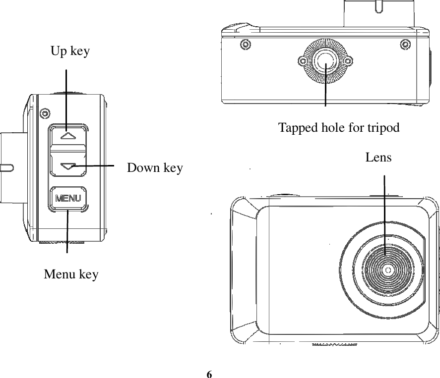  6                      Up key Down key Menu key Tapped hole for tripod Lens 