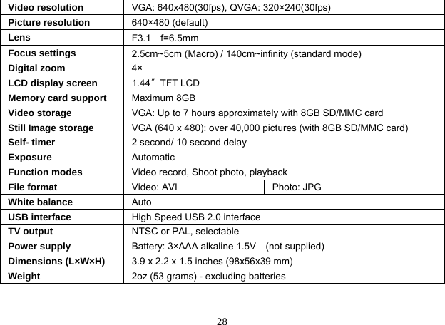  28 Video resolution  VGA: 640x480(30fps), QVGA: 320×240(30fps) Picture resolution  640×480 (default) Lens  F3.1 f=6.5mm Focus settings  2.5cm~5cm (Macro) / 140cm~infinity (standard mode) Digital zoom  4× LCD display screen  1.44〞TFT LCD Memory card support  Maximum 8GB Video storage  VGA: Up to 7 hours approximately with 8GB SD/MMC card Still Image storage  VGA (640 x 480): over 40,000 pictures (with 8GB SD/MMC card) Self- timer  2 second/ 10 second delay Exposure  Automatic Function modes  Video record, Shoot photo, playback File format  Video: AVI  Photo: JPG White balance  Auto USB interface  High Speed USB 2.0 interface TV output  NTSC or PAL, selectable Power supply  Battery: 3×AAA alkaline 1.5V    (not supplied) Dimensions (L×W×H)  3.9 x 2.2 x 1.5 inches (98x56x39 mm) Weight  2oz (53 grams) - excluding batteries   