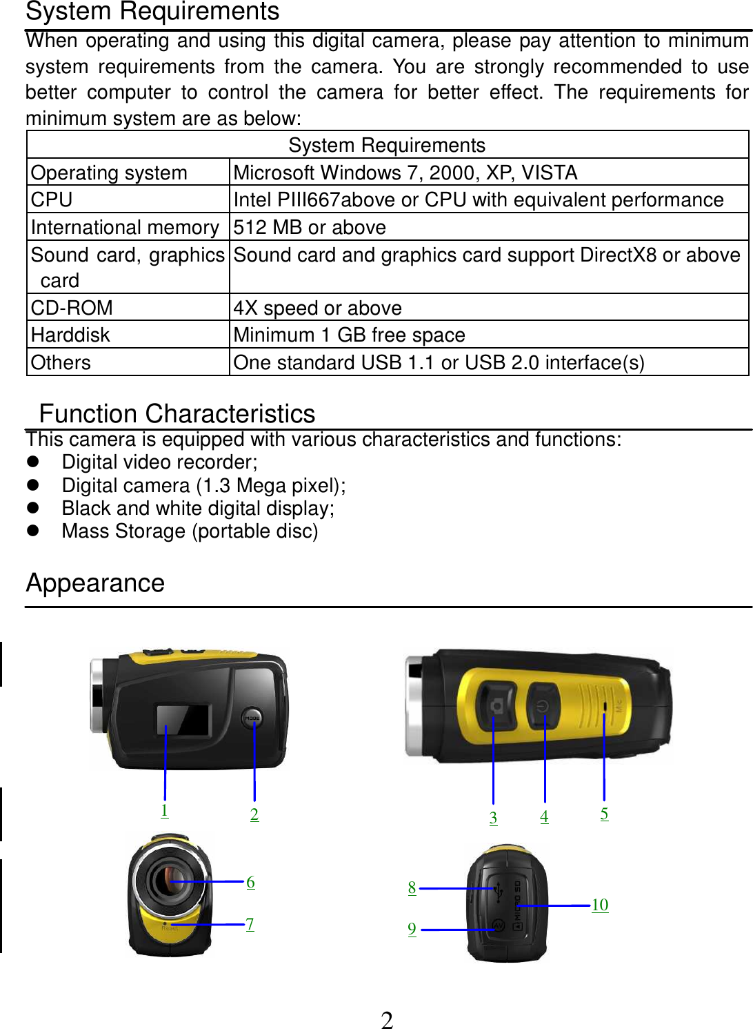  2 System Requirements   When operating and using this digital camera, please pay attention to minimum system  requirements from  the  camera.  You  are  strongly  recommended  to  use better  computer  to  control  the  camera  for  better  effect.  The  requirements  for minimum system are as below:     System Requirements   Operating system  Microsoft Windows 7, 2000, XP, VISTA CPU  Intel PIII667above or CPU with equivalent performance International memory 512 MB or above Sound card, graphics card Sound card and graphics card support DirectX8 or above CD-ROM  4X speed or above Harddisk  Minimum 1 GB free space Others  One standard USB 1.1 or USB 2.0 interface(s)    Function Characteristics   This camera is equipped with various characteristics and functions:     Digital video recorder;   Digital camera (1.3 Mega pixel);   Black and white digital display;   Mass Storage (portable disc)  Appearance           1  2 6 3  4  5 7 8 9 10 