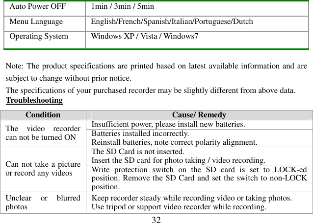  32 Auto Power OFF  1min / 3min / 5min  Menu Language  English/French/Spanish/Italian/Portuguese/Dutch Operating System  Windows XP / Vista / Windows7  Note: The product specifications are printed based on latest available information and are subject to change without prior notice.  The specifications of your purchased recorder may be slightly different from above data. Troubleshooting                                                      Condition Cause/ Remedy Insufficient power, please install new batteries.  The  video  recorder can not be turned ON  Batteries installed incorrectly. Reinstall batteries, note correct polarity alignment.  The SD Card is not inserted.  Insert the SD card for photo taking / video recording.  Can not take a picture or record any videos  Write  protection  switch  on  the  SD  card  is  set  to  LOCK-ed position. Remove the SD Card and set the switch to non-LOCK position.   Unclear  or  blurred photos   Keep recorder steady while recording video or taking photos.  Use tripod or support video recorder while recording. 