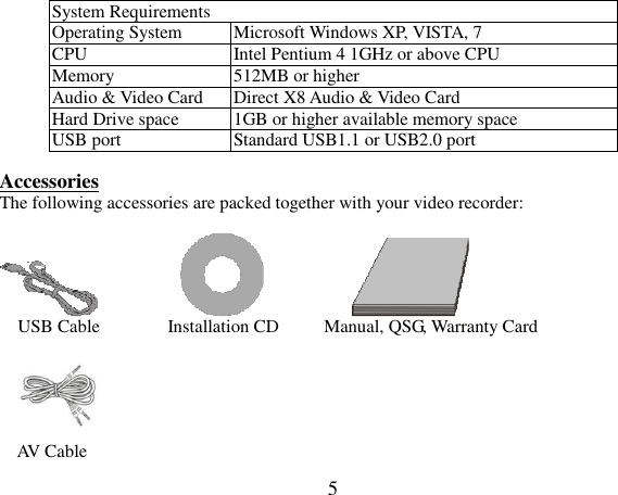  5 System Requirements Operating System   Microsoft Windows XP, VISTA, 7 CPU  Intel Pentium 4 1GHz or above CPU Memory  512MB or higher Audio &amp; Video Card   Direct X8 Audio &amp; Video Card  Hard Drive space  1GB or higher available memory space  USB port  Standard USB1.1 or USB2.0 port  Accessories                                                                The following accessories are packed together with your video recorder:                                   USB Cable               Installation CD          Manual, QSG, Warranty Card                         AV Cable          
