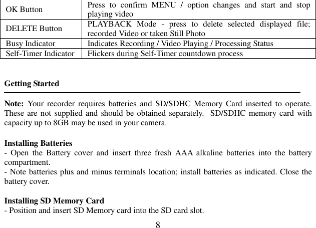  8 OK Button  Press  to  confirm  MENU  /  option  changes  and  start  and  stop playing video  DELETE Button  PLAYBACK  Mode  -  press  to  delete  selected  displayed  file; recorded Video or taken Still Photo  Busy Indicator  Indicates Recording / Video Playing / Processing Status Self-Timer Indicator Flickers during Self-Timer countdown process    Getting Started  Note:  Your  recorder  requires batteries  and SD/SDHC Memory  Card inserted to  operate. These are not supplied and should be obtained separately.  SD/SDHC memory card with capacity up to 8GB may be used in your camera.    Installing Batteries -  Open  the  Battery  cover  and  insert  three  fresh  AAA  alkaline  batteries  into  the  battery compartment.  - Note batteries plus and minus terminals location; install batteries as indicated. Close the battery cover.       Installing SD Memory Card     - Position and insert SD Memory card into the SD card slot. 