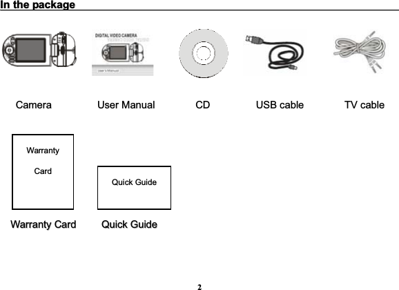 2IInntthheeppaacckkaaggee   Camera         User Manual        CD          USB cable        TV cable WWaarrrraannttyyCCaarrddQQuuiicckkGGuuiiddeeWarranty Card Quick Guide 