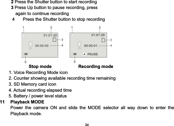 24     2 Press the Shutter button to start recording      3 Press Up button to pause recording, press        again to continue recording 4  Press the Shutter button to stop recording              Stop mode            Recording mode     1. Voice Recording Mode icon 2. Counter showing available recording time remaining     3. SD Memory card icon 4. Actual recording elapsed time 5. Battery / power level status 11 Playback MODE Power the camera ON and slide the MODE selector all way down to enter the Playback mode. 