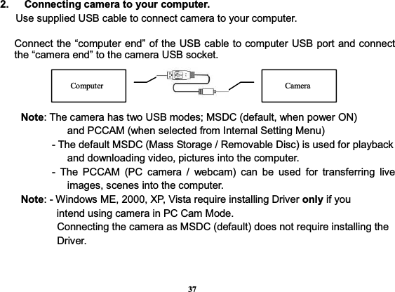 372.      Connecting camera to your computer. Use supplied USB cable to connect camera to your computer. Connect the “computer end” of the USB cable to computer USB port and connect the “camera end” to the camera USB socket.         Note: The camera has two USB modes; MSDC (default, when power ON)           and PCCAM (when selected from Internal Setting Menu)               - The default MSDC (Mass Storage / Removable Disc) is used for playback               and downloading video, pictures into the computer.        - The PCCAM (PC camera / webcam) can be used for transferring live images, scenes into the computer.       Note: - Windows ME, 2000, XP, Vista require installing Driver only if you     intend using camera in PC Cam Mode.                   Connecting the camera as MSDC (default) does not require installing the           Driver.    Camera   Computer 