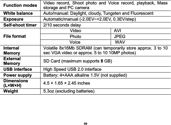 59Function modes Video record, Shoot photo and Voice record, playback, Mass storage and PC camera White balance  Auto/manual: Daylight, cloudy, Tungsten and Fluorescent Exposure  Automatic/manual (-2.0EV~+2.0EV, 0.3EV/step) Self-shoot timer 2/10 seconds delay Video AVI Photo JPEG File format             Voice                WAV Internal  Memory Volatile 8x16Mb SDRAM (can temporarily store approx. 3 to 10 sec VGA video or approx. 5 to 10 10MP photos) External Memory   SD Card (maximum supports 8 GB) USB interface  High Speed USB 2.0 interface Power supply  Battery: 4×AAA alkaline 1.5V (not supplied) Dimensions (L×W×H)  4.5 × 1.65 × 2.45 inches Weight  5.3oz (excluding batteries) 