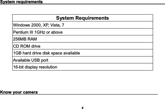 8SSyysstteemmrreeqquuiirreemmeennttssSystem Requirements Windows 2000, XP, Vista, 7 Pentium III 1GHz or above 256MB RAM CD ROM drive 1GB hard drive disk space available Available USB port 16-bit display resolution KKnnoowwyyoouurrccaammeerraa