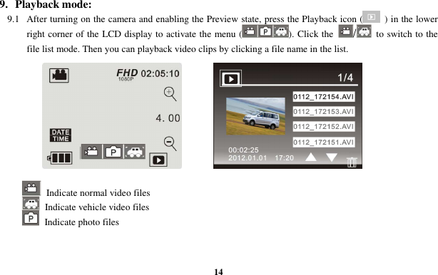  14 9.  Playback mode: 9.1  After turning on the camera and enabling the Preview state, press the Playback icon (   ) in the lower right corner of the LCD display to activate the menu ( ). Click the /  to switch to the file list mode. Then you can playback video clips by clicking a file name in the list.          Indicate normal video files  Indicate vehicle video files  Indicate photo files  