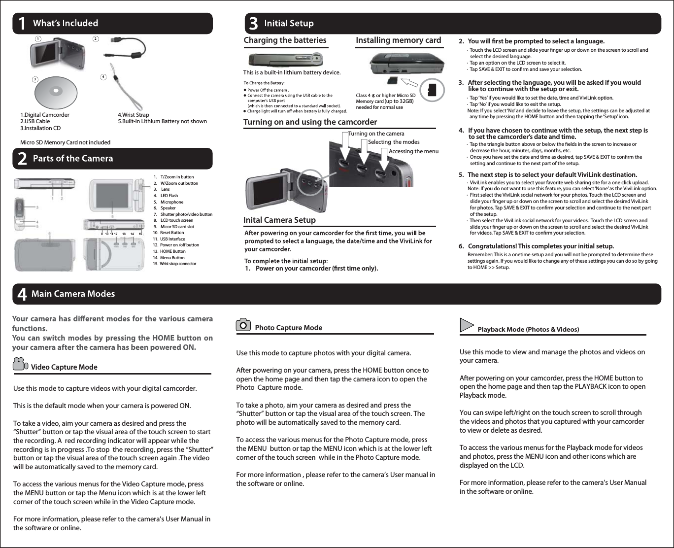 Your camera has diﬀerent modes for the various camerafunctions.You can switch modes by pressing the HOME button onyour camera after the camera has been powered ON. Use this mode to capture photos with your digital camera.After powering on your camera, press the HOME button once to open the home page and then tap the camera icon to open the Photo  Capture mode.To take a photo, aim your camera as desired and press the “Shutter” button or tap the visual area of the touch screen. The photo will be automatically saved to the memory card.To access the various menus for the Photo Capture mode, press the MENU  button or tap the MENU icon which is at the lower leftcorner of the touch screen  while in the Photo Capture mode.For more information , please refer to the camera’s User manual in the software or online.Use this mode to view and manage the photos and videos onyour camera.After powering on your camcorder, press the HOME button to open the home page and then tap the PLAYBACK icon to open Playback mode.You can swipe left/right on the touch screen to scroll through the videos and photos that you captured with your camcorder to view or delete as desired.To access the various menus for the Playback mode for videos and photos, press the MENU icon and other icons which aredisplayed on the LCD. For more information, please refer to the camera’s User Manual in the software or online.Use this mode to capture videos with your digital camcorder.This is the default mode when your camera is powered ON. To take a video, aim your camera as desired and press the “Shutter” button or tap the visual area of the touch screen to start the recording. A  red recording indicator will appear while the recording is in progress .To stop  the recording, press the “Shutter” button or tap the visual area of the touch screen again .The video will be automatically saved to the memory card.To access the various menus for the Video Capture mode, press the MENU button or tap the Menu icon which is at the lower left corner of the touch screen while in the Video Capture mode. For more information, please refer to the camera’s User Manual in the software or online.Micro SD Memory Card not included4.Wrist Strap5.Built-in Lithium Battery not shown1.Digital Camcorder2.USB Cable3.Installation CD Photo Capture ModePlayback Mode (Photos &amp; Videos)Accessing the menuSelecting the modesTurning on the cameraTurning on and using the camcorderThis is a built-in lithium battery device.Charging the batteries Installing memory card1234 1. T/Zoom in button 2.    W/Zoom out button 3. Lens 4. LED Flash 5.    Microphone 6.    Speaker 7.    Shutter photo/video button 9.    Micor SD card slot10.  Reset Button11.  USB Interface12.  Power on /oﬀ button13.  HOME Button14.  Menu Button15.  Wrist strap connector 8.    LCD touch screen Inital Camera Setup2.   You will ﬁrst be prompted to select a language. ·  Touch the LCD screen and slide your ﬁnger up or down on the screen to scroll and   select the desired language. ·  Tap an option on the LCD screen to select it. ·  Tap SAVE &amp; EXIT to conﬁrm and save your selection.3.   After selecting the language, you will be asked if you would        like to continue with the setup or exit.·  Tap ‘Yes’ if you would like to set the date, time and ViviLink option.·  Tap ‘No’ if you would like to exit the setup.         Note: If you select ‘No’ and decide to leave the setup, the settings can be adjusted at          any time by pressing the HOME button and then tapping the ‘Setup’ icon.4.   If you have chosen to continue with the setup, the next step is        to set the camcorder’s date and time.·  Tap the triangle button above or below the ﬁelds in the screen to increase or    decrease the hour, minutes, days, months, etc.·  Once you have set the date and time as desired, tap SAVE &amp; EXIT to conﬁrm the    setting and continue to the next part of the setup.5.   The next step is to select your default ViviLink destination.·  ViviLink enables you to select your favorite web sharing site for a one click upload.        Note: If you do not want to use this feature, you can select ‘None’ as the ViviLink option.·  First select the ViviLink social network for your photos. Touch the LCD screen and    slide your ﬁnger up or down on the screen to scroll and select the desired ViviLink    for photos. Tap SAVE &amp; EXIT to conﬁrm your selection and continue to the next part    of the setup.·  Then select the ViviLink social network for your videos.  Touch the LCD screen and    slide your ﬁnger up or down on the screen to scroll and select the desired ViviLink   for videos. Tap SAVE &amp; EXIT to conﬁrm your selection.6.   Congratulations! This completes your initial setup.        Remember: This is a onetime setup and you will not be prompted to determine these         settings again. If you would like to change any of these settings you can do so by going         to HOME &gt;&gt; Setup.1.    Power on your camcorder (ﬁrst time only).Class 4     or higher Micro SD Memory card (up to 32GB)needed for normal use9   10  11 12      13      14      15Video Capture Mode