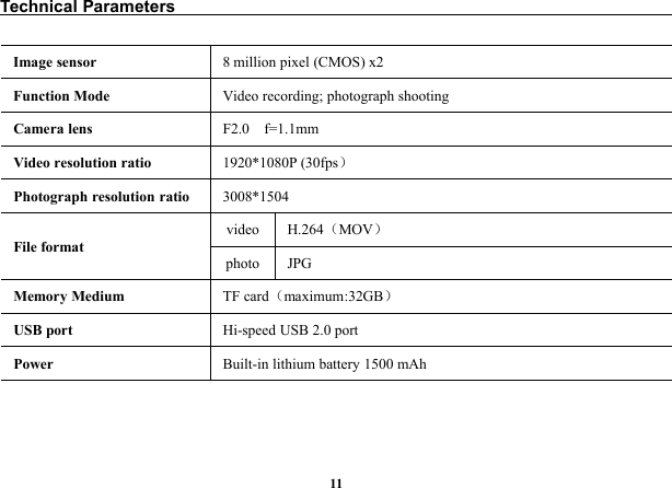 11Technical ParametersImage sensor 8 million pixel (CMOS) x2Function Mode Video recording; photograph shootingCamera lens F2.0 f=1.1mmVideo resolution ratio 1920*1080P (30fps）Photograph resolution ratio 3008*1504File formatvideo H.264（MOV）photo JPGMemory Medium TF card（maximum:32GB）USB port Hi-speed USB 2.0 portPower Built-in lithium battery 1500 mAh