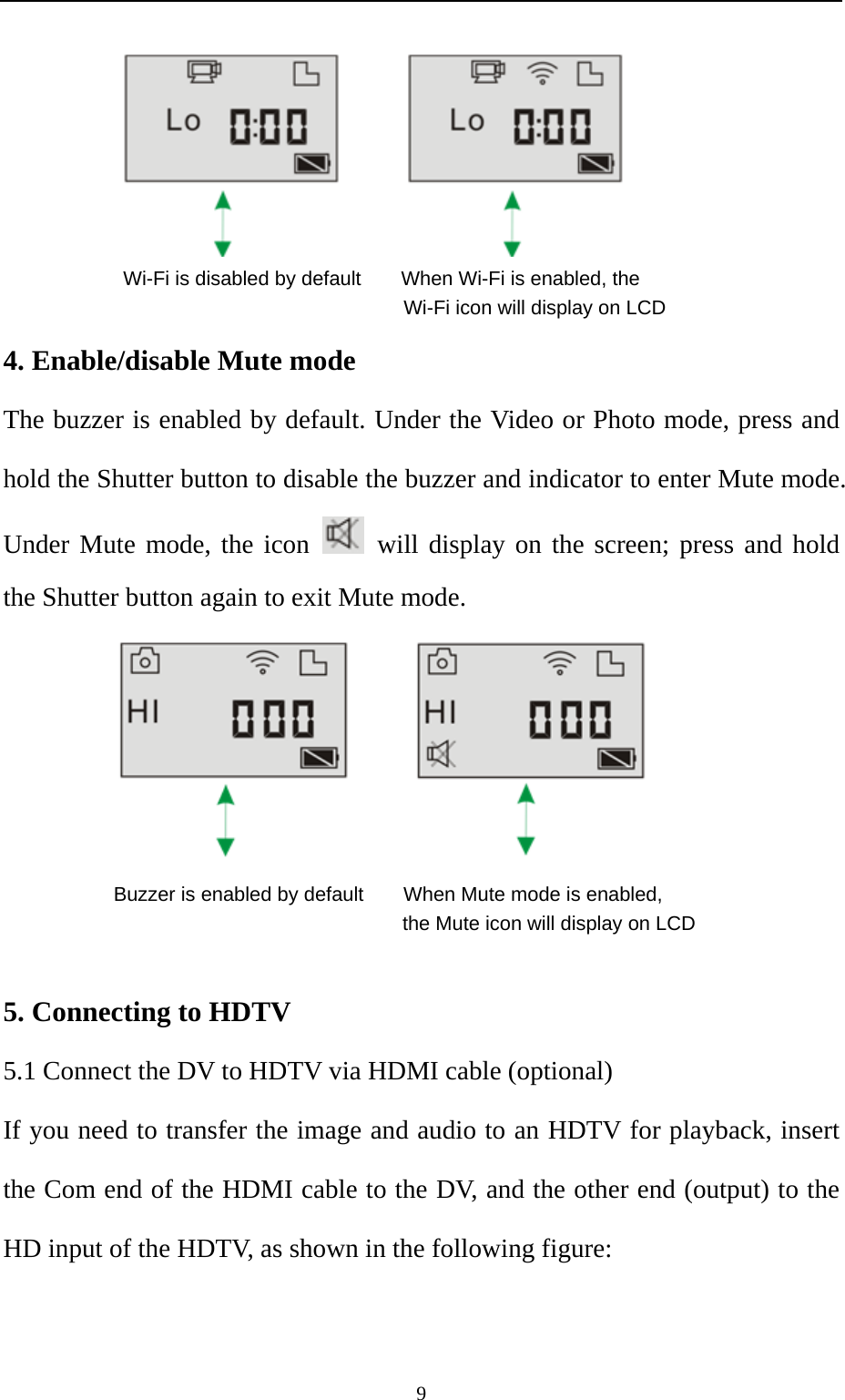   9         4. Enable/disable Mute mode                                        The buzzer is enabled by default. Under the Video or Photo mode, press and hold the Shutter button to disable the buzzer and indicator to enter Mute mode. Under Mute mode, the icon   will display on the screen; press and hold the Shutter button again to exit Mute mode.             5. Connecting to HDTV 5.1 Connect the DV to HDTV via HDMI cable (optional) If you need to transfer the image and audio to an HDTV for playback, insert the Com end of the HDMI cable to the DV, and the other end (output) to the HD input of the HDTV, as shown in the following figure:  Wi-Fi is disabled by default        When Wi-Fi is enabled, the                                Wi-Fi icon will display on LCD       Buzzer is enabled by default        When Mute mode is enabled,                                   the Mute icon will display on LCD 