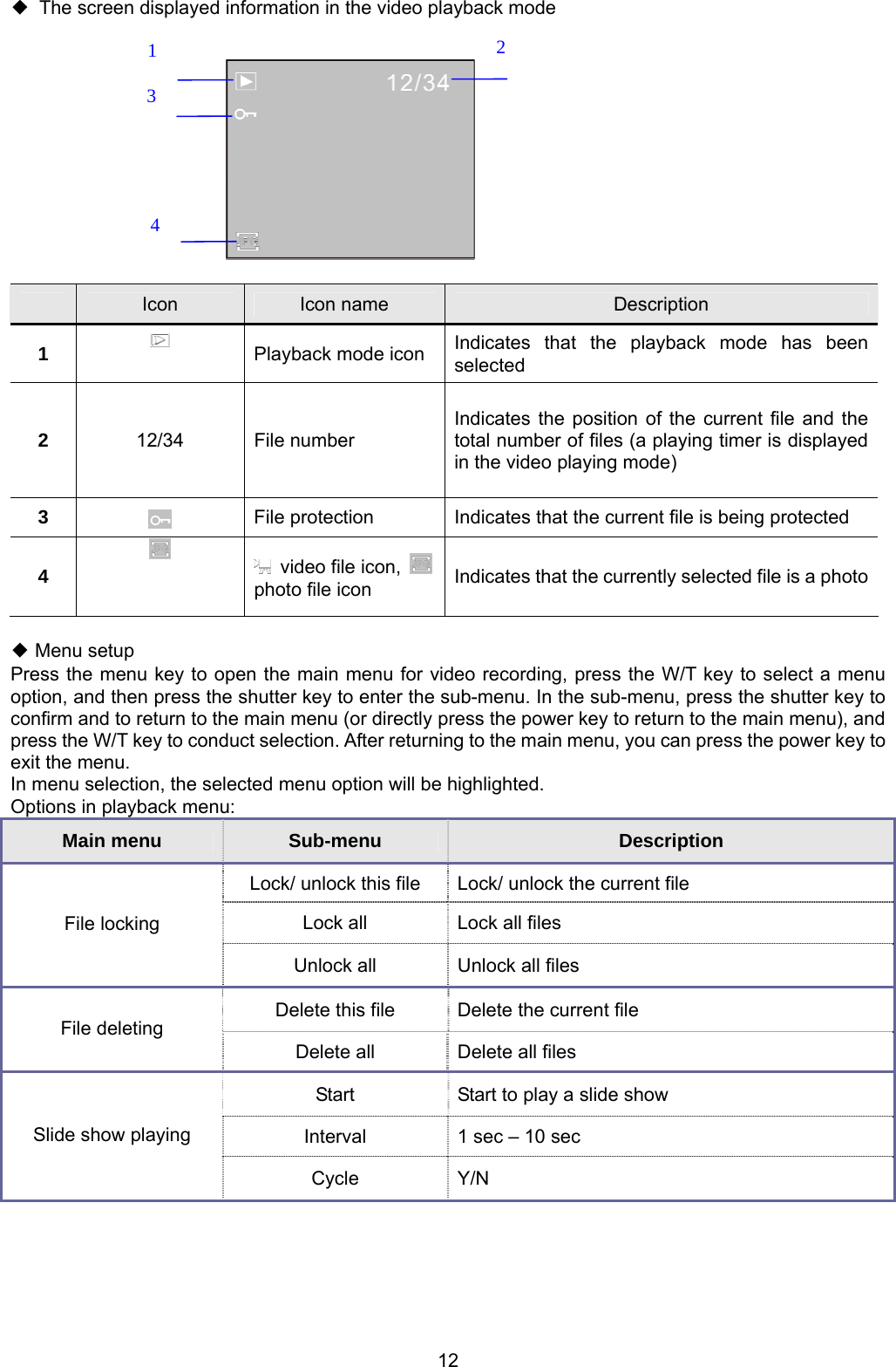 12 ◆ The screen displayed information in the video playback mode              Icon  Icon name  Description 1   Playback mode icon  Indicates that the playback mode has been selected 2  12/34 File number Indicates the position of the current file and the total number of files (a playing timer is displayed in the video playing mode) 3   File protection  Indicates that the current file is being protected 4    video file icon,   photo file icon  Indicates that the currently selected file is a photo ◆ Menu setup Press the menu key to open the main menu for video recording, press the W/T key to select a menu option, and then press the shutter key to enter the sub-menu. In the sub-menu, press the shutter key to confirm and to return to the main menu (or directly press the power key to return to the main menu), and press the W/T key to conduct selection. After returning to the main menu, you can press the power key to exit the menu. In menu selection, the selected menu option will be highlighted. Options in playback menu: Main menu  Sub-menu  Description Lock/ unlock this file  Lock/ unlock the current file Lock all  Lock all files File locking Unlock all  Unlock all files Delete this file  Delete the current file File deleting Delete all  Delete all files Start  Start to play a slide show Interval  1 sec – 10 sec Slide show playing Cycle Y/N  1  2 3 4 
