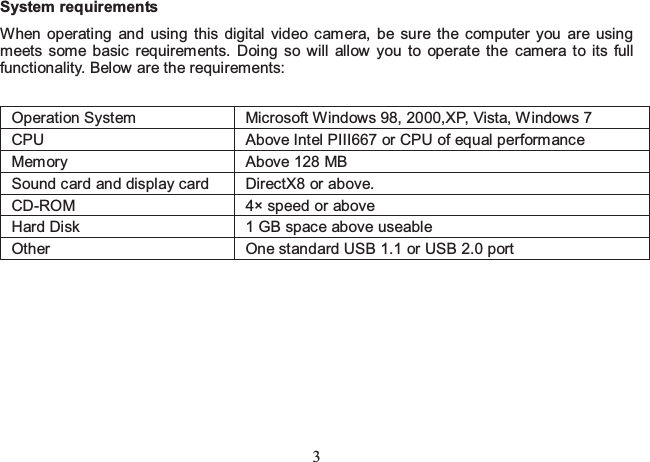 3 System requirements                                                                  When operating and using this digital video camera, be sure the computer you are using meets some basic requirements. Doing so will allow you to operate the camera to its full functionality. Below are the requirements:    Operation System  Microsoft Windows 98, 2000,XP, Vista, Windows 7 CPU  Above Intel PIII667 or CPU of equal performance Memory  Above 128 MB Sound card and display card  DirectX8 or above.   CD-ROM 4× speed or above Hard Disk  1 GB space above useable   Other    One standard USB 1.1 or USB 2.0 port        