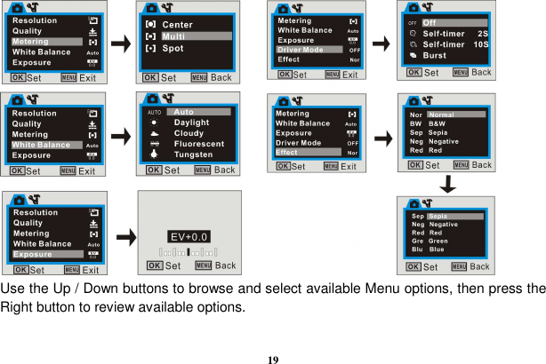  19                  Use the Up / Down buttons to browse and select available Menu options, then press the Right button to review available options.  