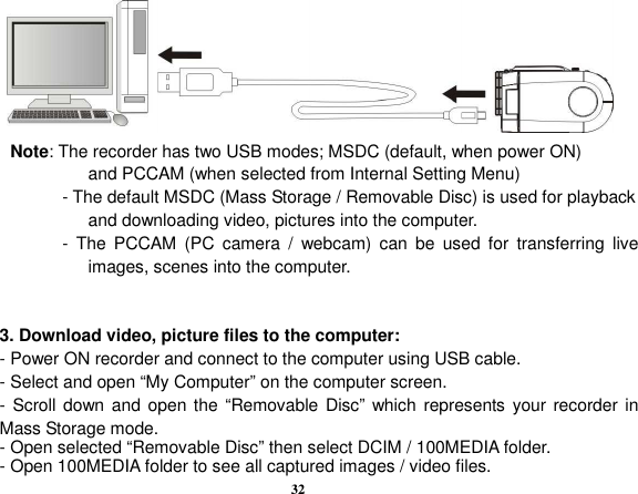  32          Note: The recorder has two USB modes; MSDC (default, when power ON)                       and PCCAM (when selected from Internal Setting Menu)               - The default MSDC (Mass Storage / Removable Disc) is used for playback                         and downloading video, pictures into the computer.               -  The  PCCAM  (PC  camera  /  webcam)  can  be  used  for  transferring  live images, scenes into the computer.               3. Download video, picture files to the computer:   - Power ON recorder and connect to the computer using USB cable. - Select and open “My Computer” on the computer screen.   - Scroll down and  open the “Removable Disc”  which represents your recorder in Mass Storage mode. - Open selected “Removable Disc” then select DCIM / 100MEDIA folder.   - Open 100MEDIA folder to see all captured images / video files. 