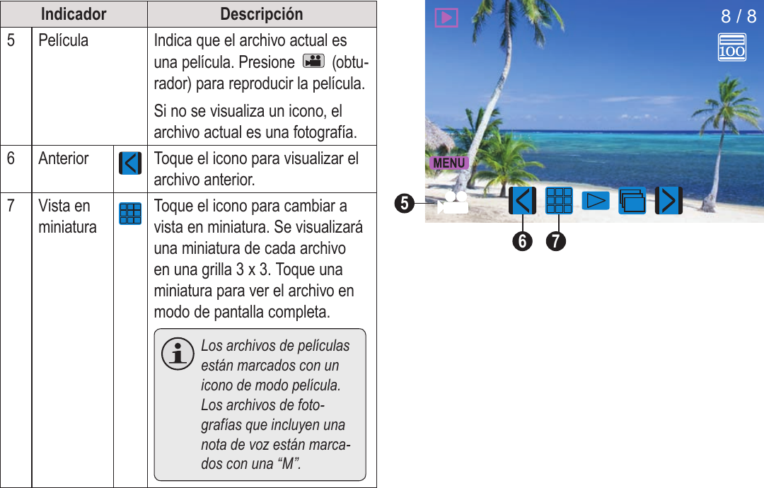 EspañolPágina 100  Modo De Vista PreviaIndicador Descripción5Película Indica que el archivo actual es una película. Presione   (obtu-rador) para reproducir la película. Si no se visualiza un icono, el archivo actual es una fotografía.6Anterior Toque el icono para visualizar el archivo anterior.7Vista en miniaturaToque el icono para cambiar a vista en miniatura. Se visualizará una miniatura de cada archivo en una grilla 3 x 3. Toque una miniatura para ver el archivo en modo de pantalla completa.  Los archivos de películas están marcados con un icono de modo película. Los archivos de foto-grafías que incluyen una nota de voz están marca-dos con una “M”.8 / 8765